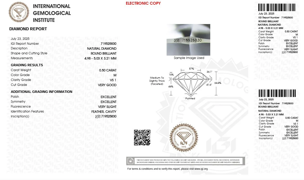 0.50ct CERTIFIED DIAMOND M VS1 VERY GOOD ROUND BRILLIANT CUT CLEAN ENGAGEMENT - Image 2