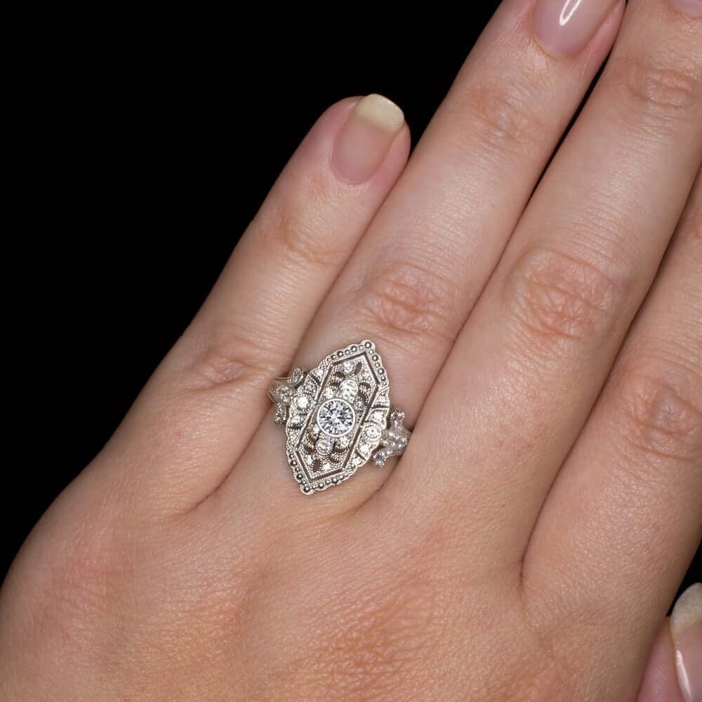 0.59ct DIAMOND NAVETTE RING VINTAGE STYLE ART DECO COCKTAIL PLATINUM NATURAL - Image 3