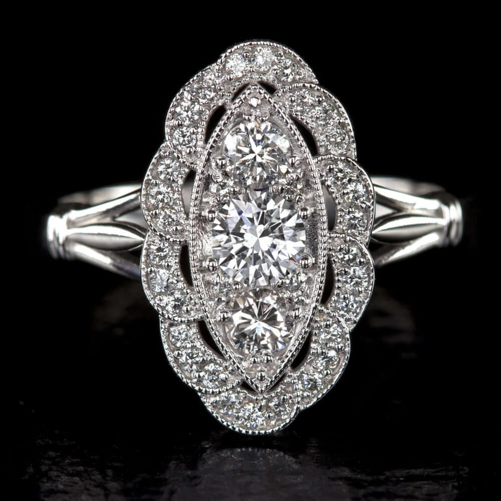 0.67ct DIAMOND NAVETTE RING VINTAGE STYLE COCKTAIL WHITE GOLD ART DECO NATURAL - Image 4