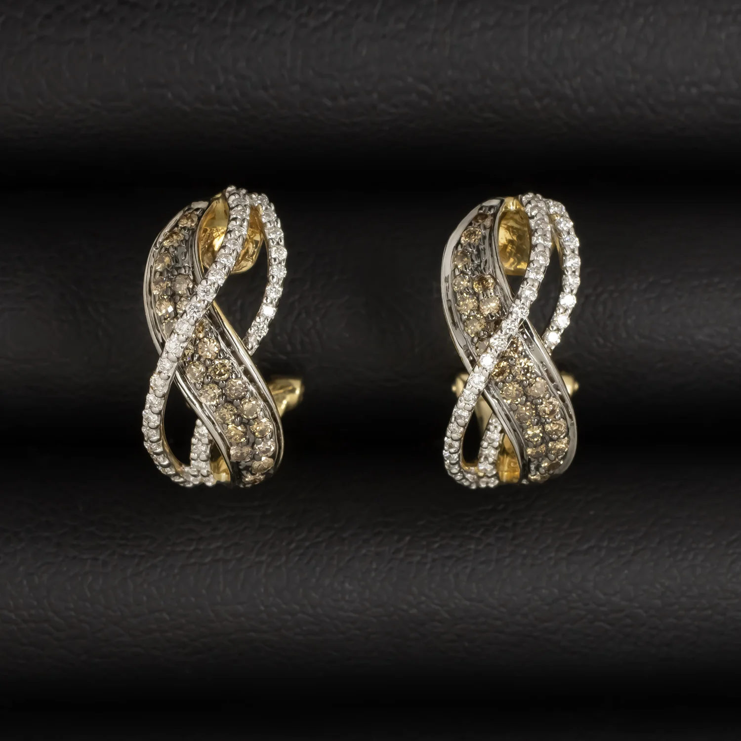 0.70ct NATURAL DIAMOND HUGGIE HOOP EARRINGS CHAMPAGNE 14k YELLOW GOLD RIBBON
