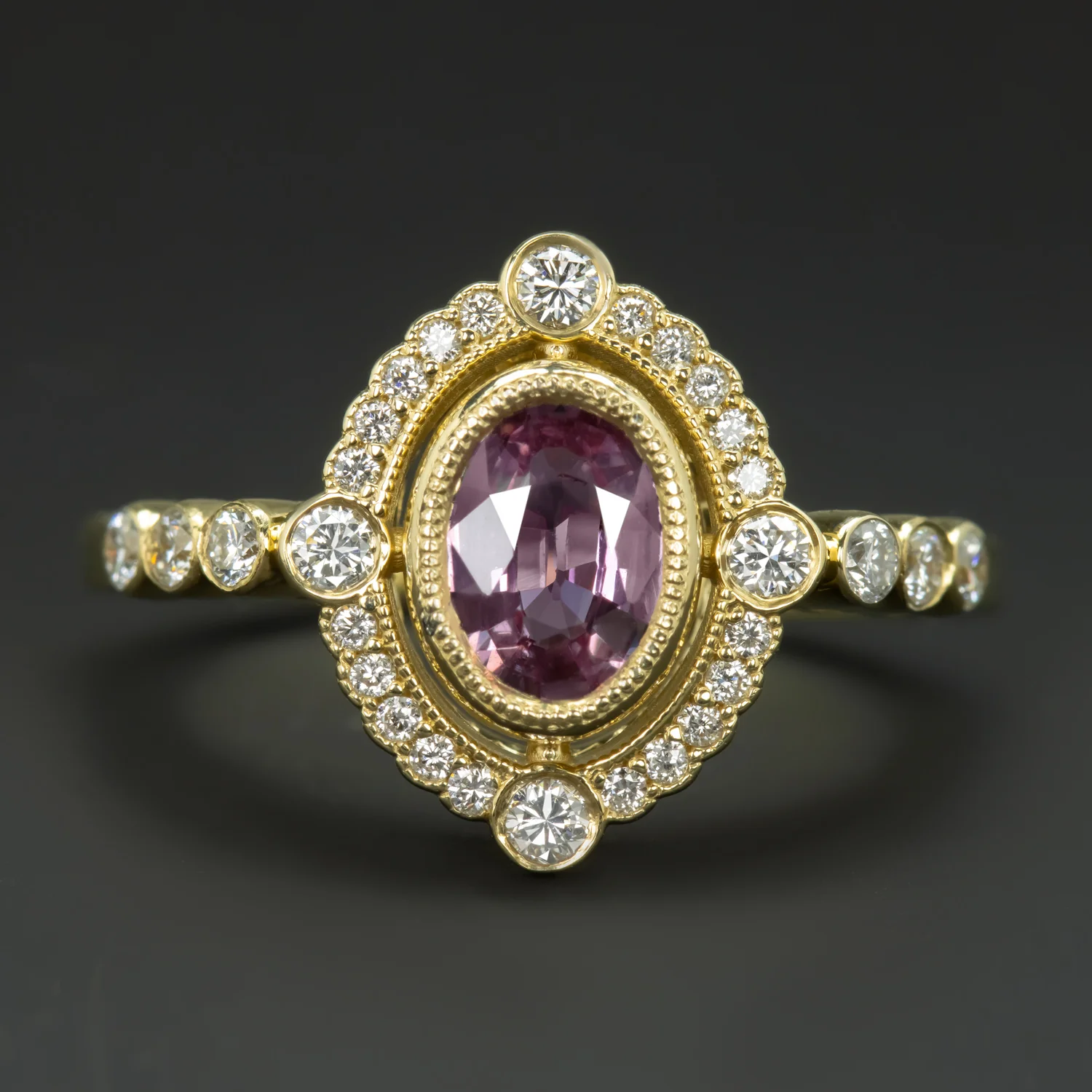 0.79ct NO HEAT PINK SAPPHIRE DIAMOND COCKTAIL RING VINTAGE STYLE HALO 14k GOLD