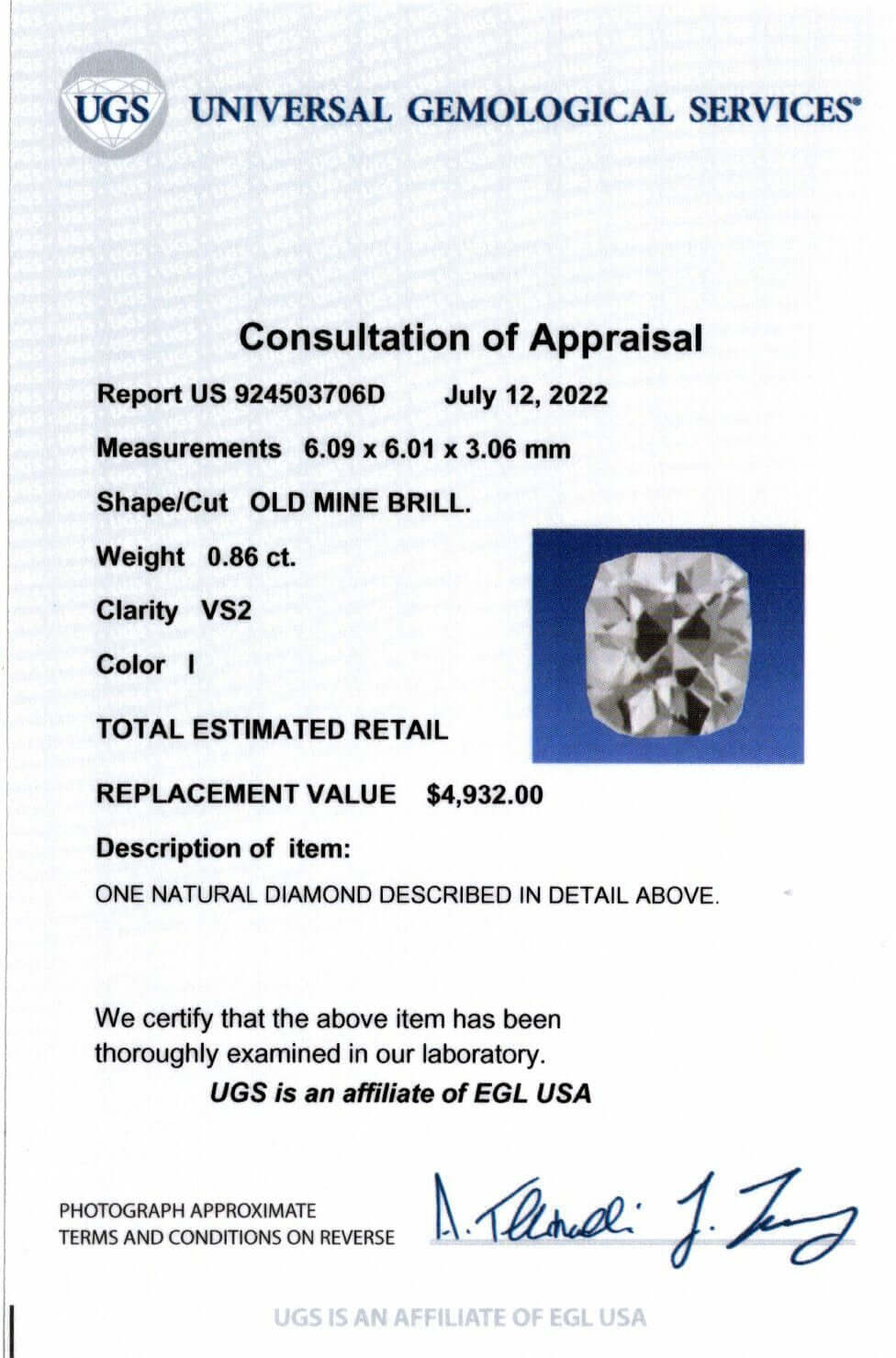 0.86ct CERTIFIED I VS2 OLD MINE CUT DIAMOND ANTIQUE NATURAL LOOSE ESTATE 1900s - Image 3