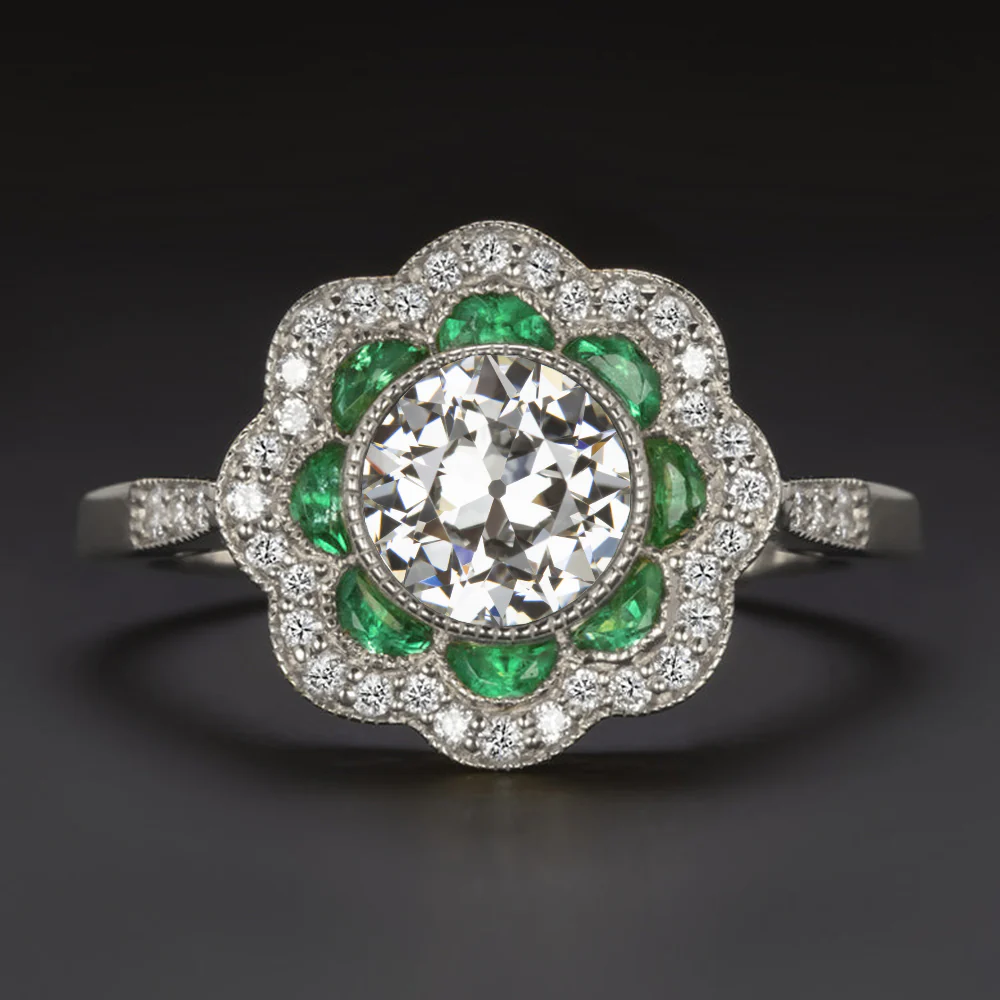 0.88ct OLD EUROPEAN CUT DIAMOND EMERALD COCKTAIL RING GIA CERTIFIED H VVS2 HALO