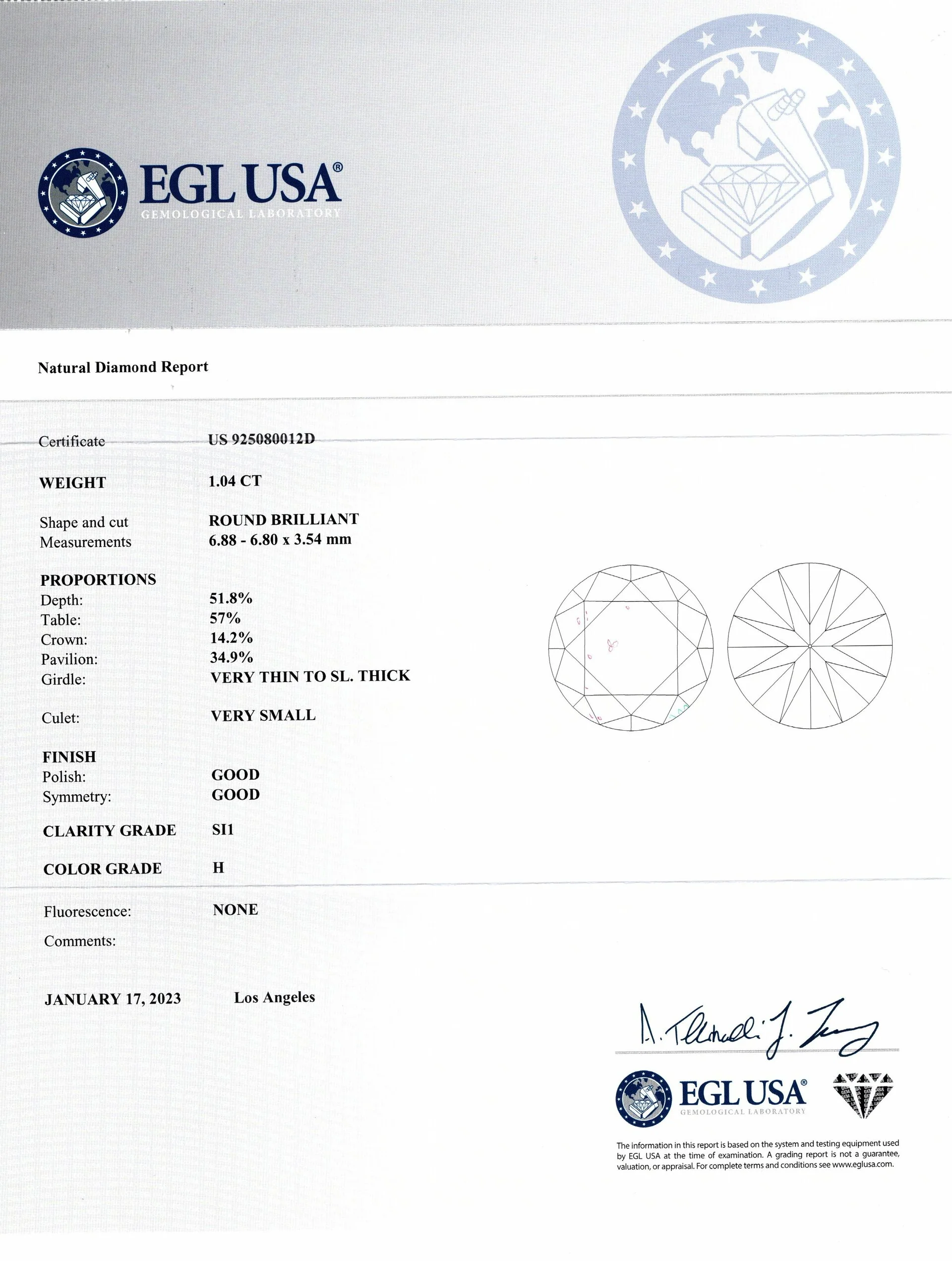 1.04ct CERTIFIED H SI1 DIAMOND 6.85mm LOOSE ROUND CUT NATURAL EARTH MINED 1ct - Image 2