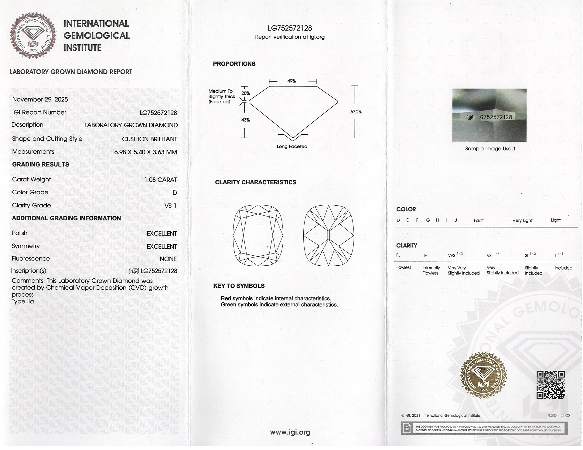 1.08c OLD MINE CUT LAB CREATED DIAMOND IGI CERTIFIED D VS1 CUSHION BRILLIANT 1ct - Image 2