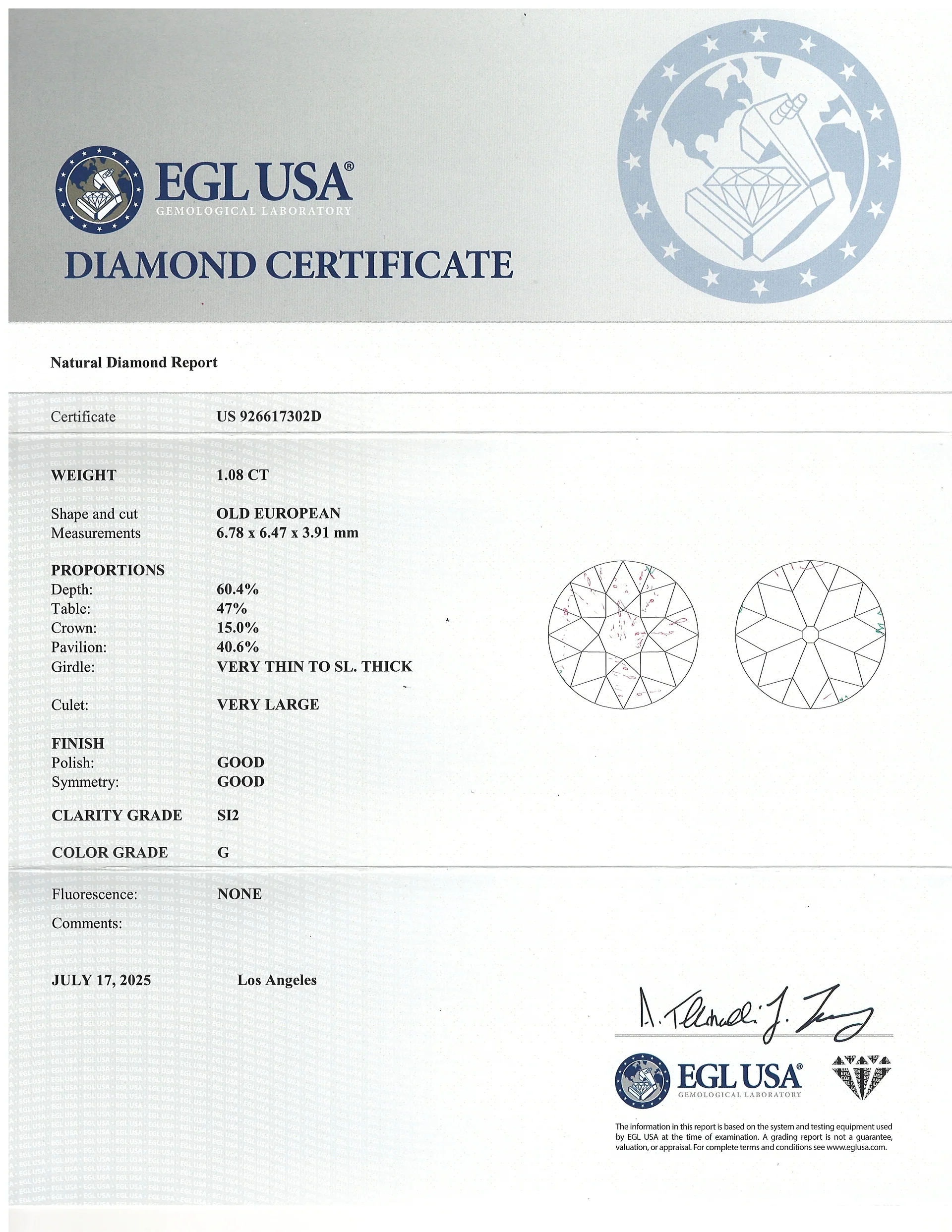 1.08ct OLD EUROPEAN CUT DIAMOND CERTIFIED G SI2 VINTAGE LOOSE NATURAL ESTATE 1ct - Image 2