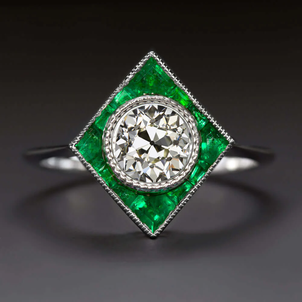 1.13ct OLD EUROPEAN CUT DIAMOND EMERALD RING GIA CERTIFIED COCKTAIL WHITE GOLD