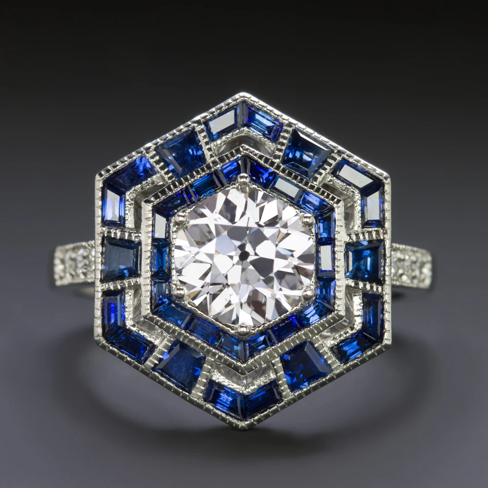1.15ct CERTIFIED OLD EUROPEAN CUT DIAMOND SAPPHIRE COCKTAIL RING GEOMETRIC HALO