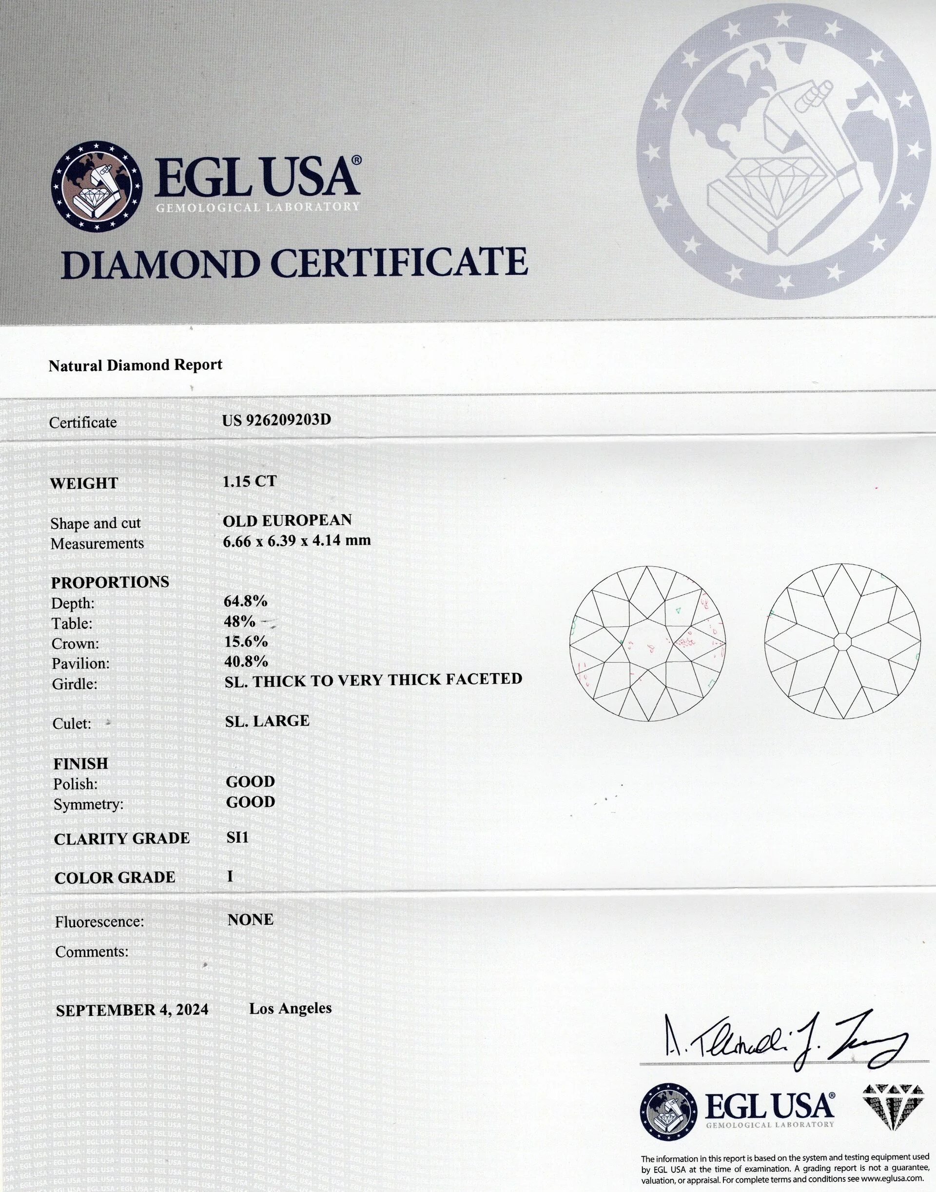 1.15ct OLD EUROPEAN CUT DIAMOND CERTIFIED I SI1 VINTAGE LOOSE NATURAL ESTATE - Image 2