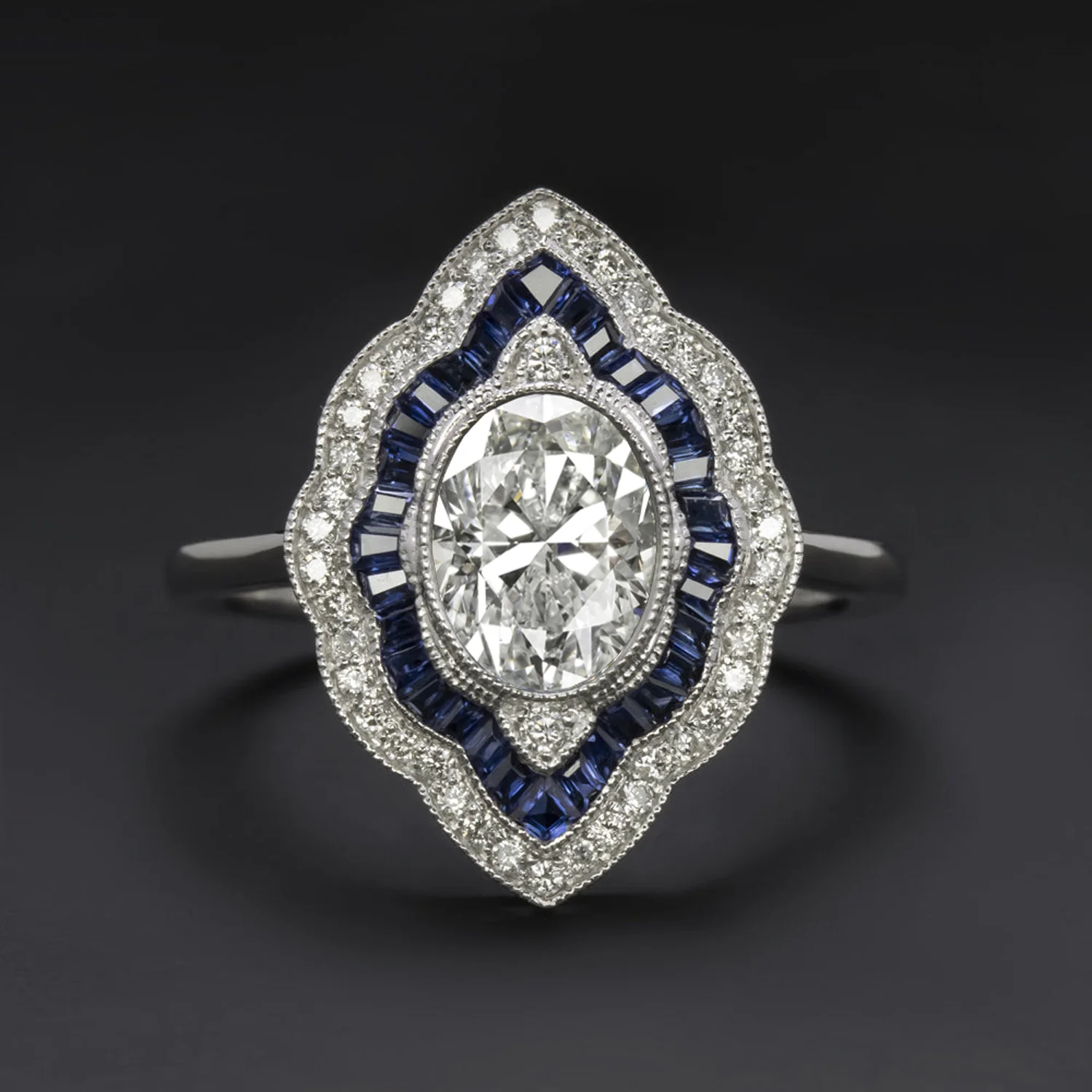 1.20c DIAMOND SAPPHIRE COCKTAIL RING GIA CERTIFIED E SI2 VINTAGE STYLE HALO OVAL