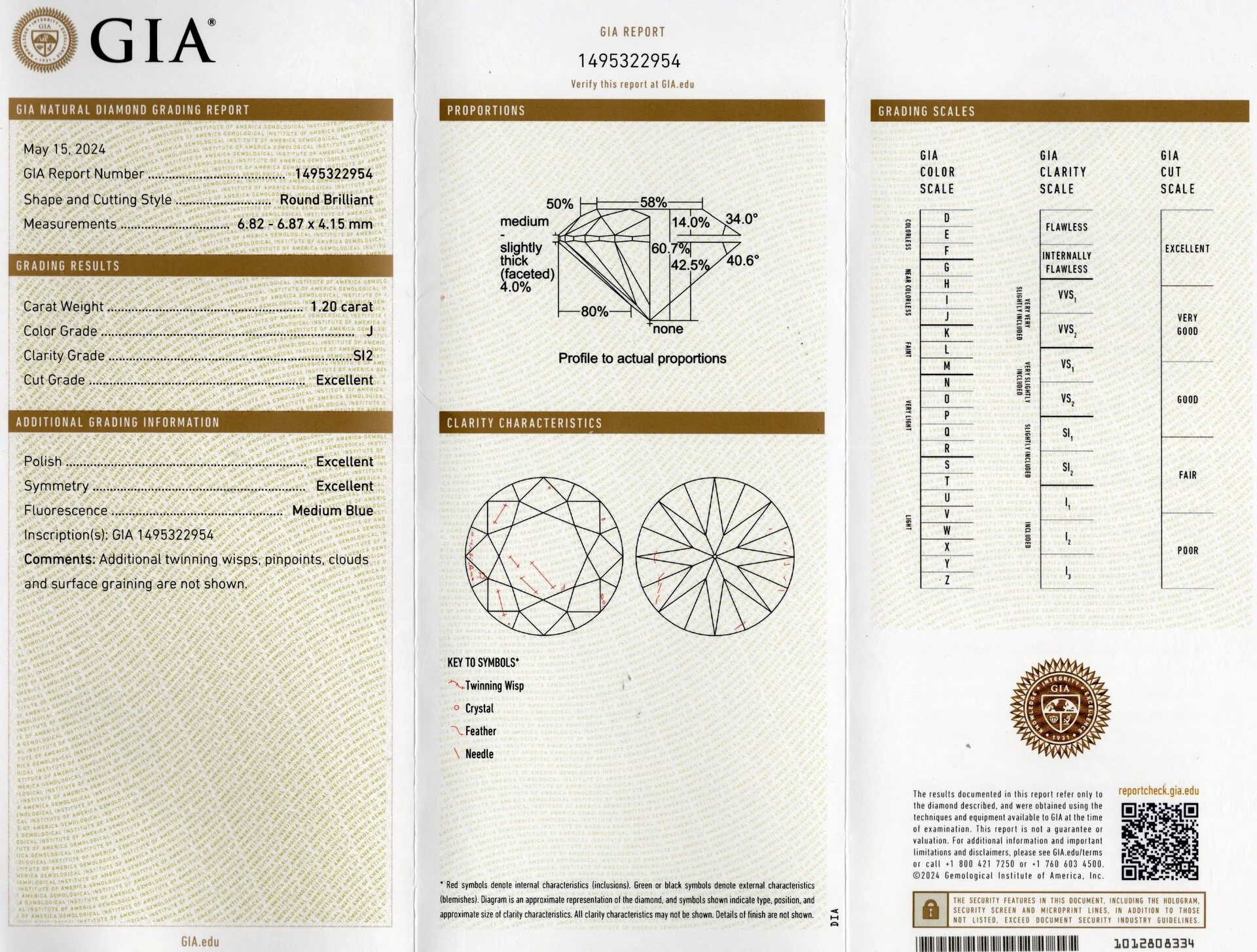 1.20c GIA CERTIFIED DIAMOND 3x EXCELLENT ROUND BRILLIANT CUT J SI2 LOOSE NATURAL - Image 2