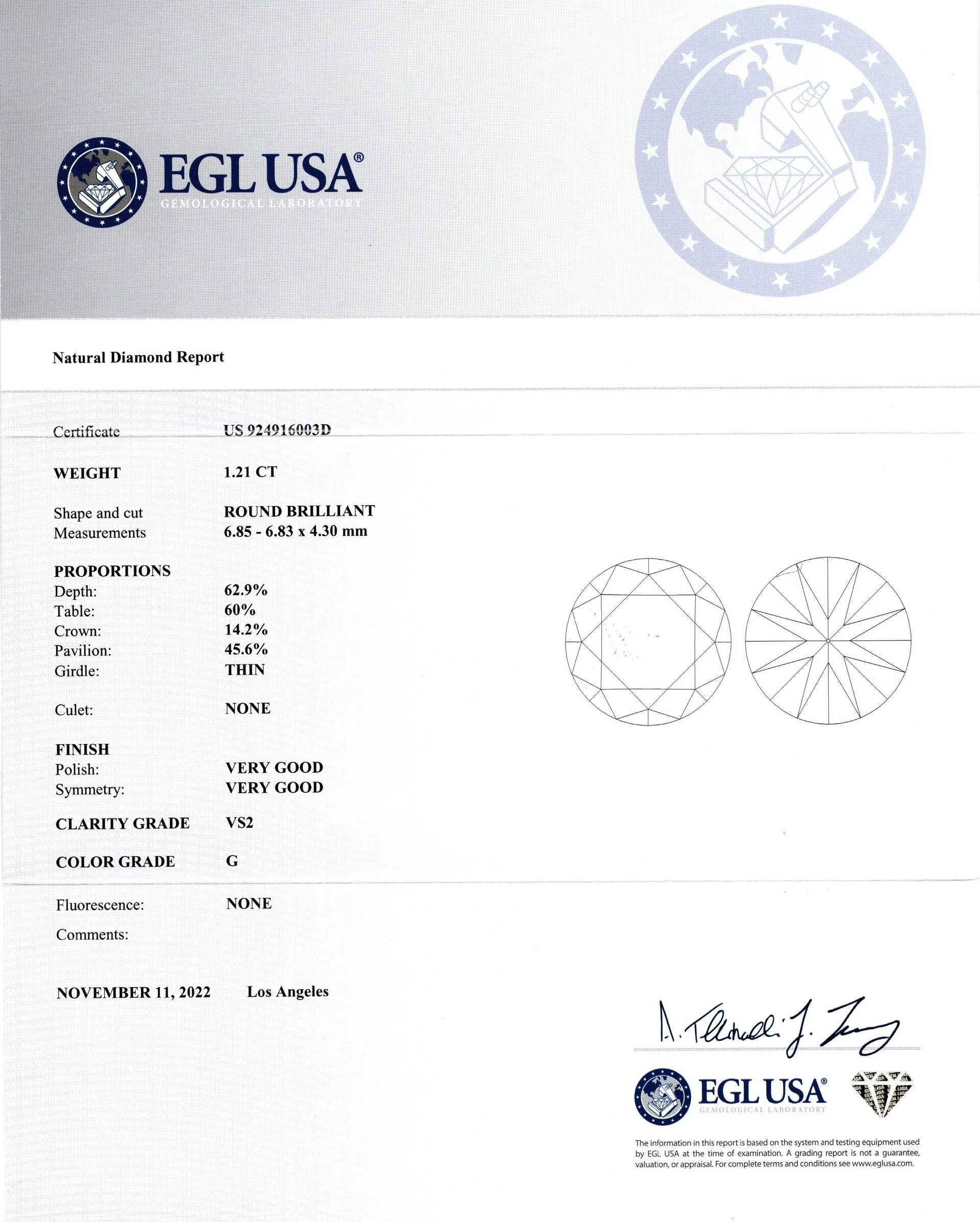 1.21ct LOOSE DIAMOND CERTIFIED G VS2 ROUND BRILLIANT CUT NATURAL ENGAGEMENT RBC - Image 2