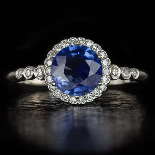 1.22c NATURAL BLUE SAPPHIRE ROUND DIAMOND COCKTAIL RING PLATINUM HALO ENGAGEMENT