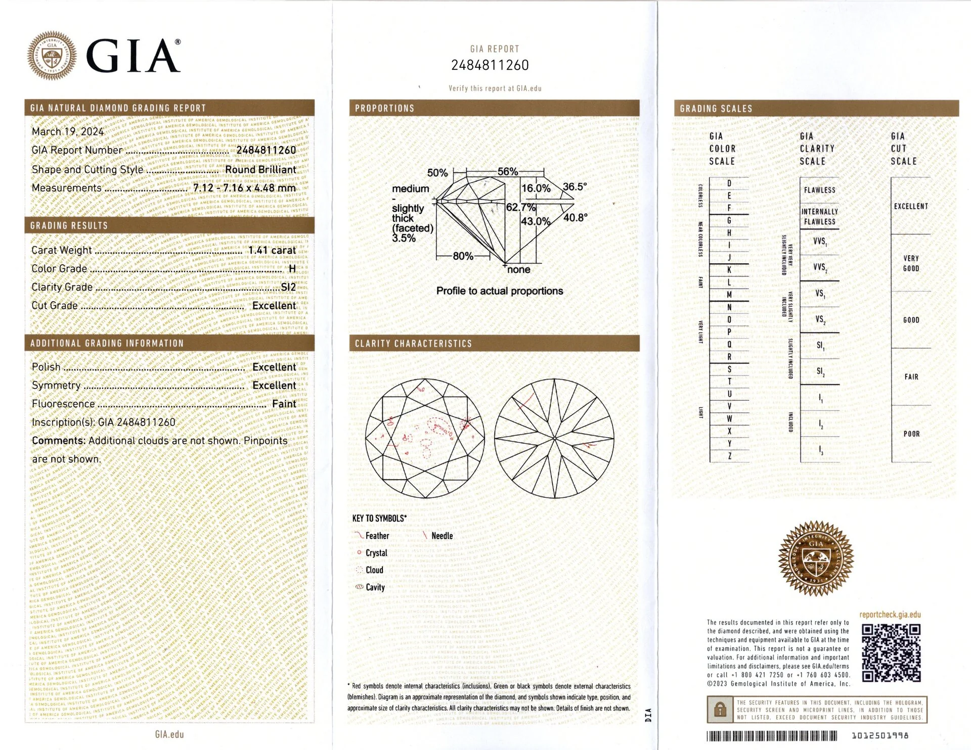 1.41c GIA CERTIFIED DIAMOND 3x EXCELLENT ROUND BRILLIANT CUT H SI2 LOOSE NATURAL - Image 2