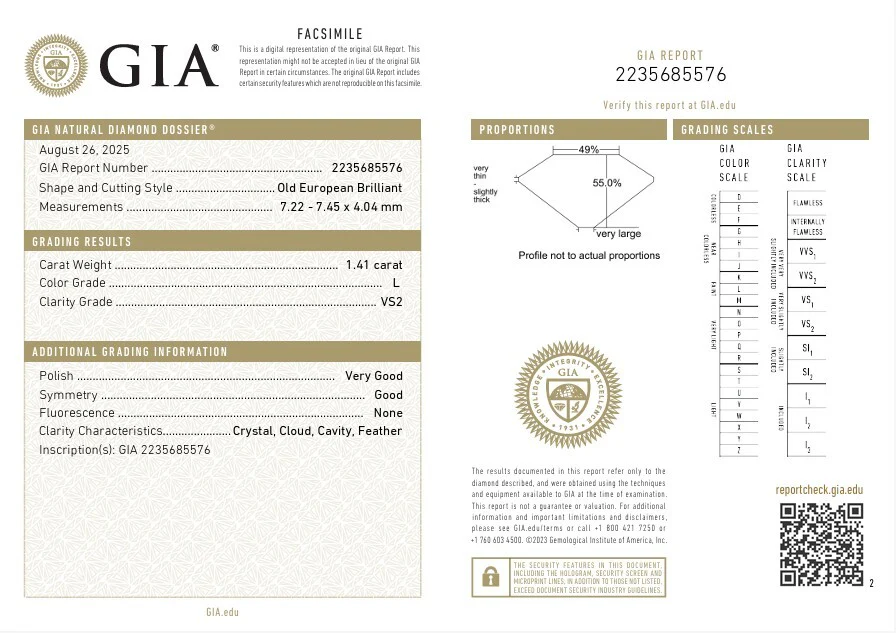 1.41ct OLD EUROPEAN CUT DIAMOND GIA CERTIFIED L VS2 LOOSE NATURAL VINTAGE ESTATE - Image 2