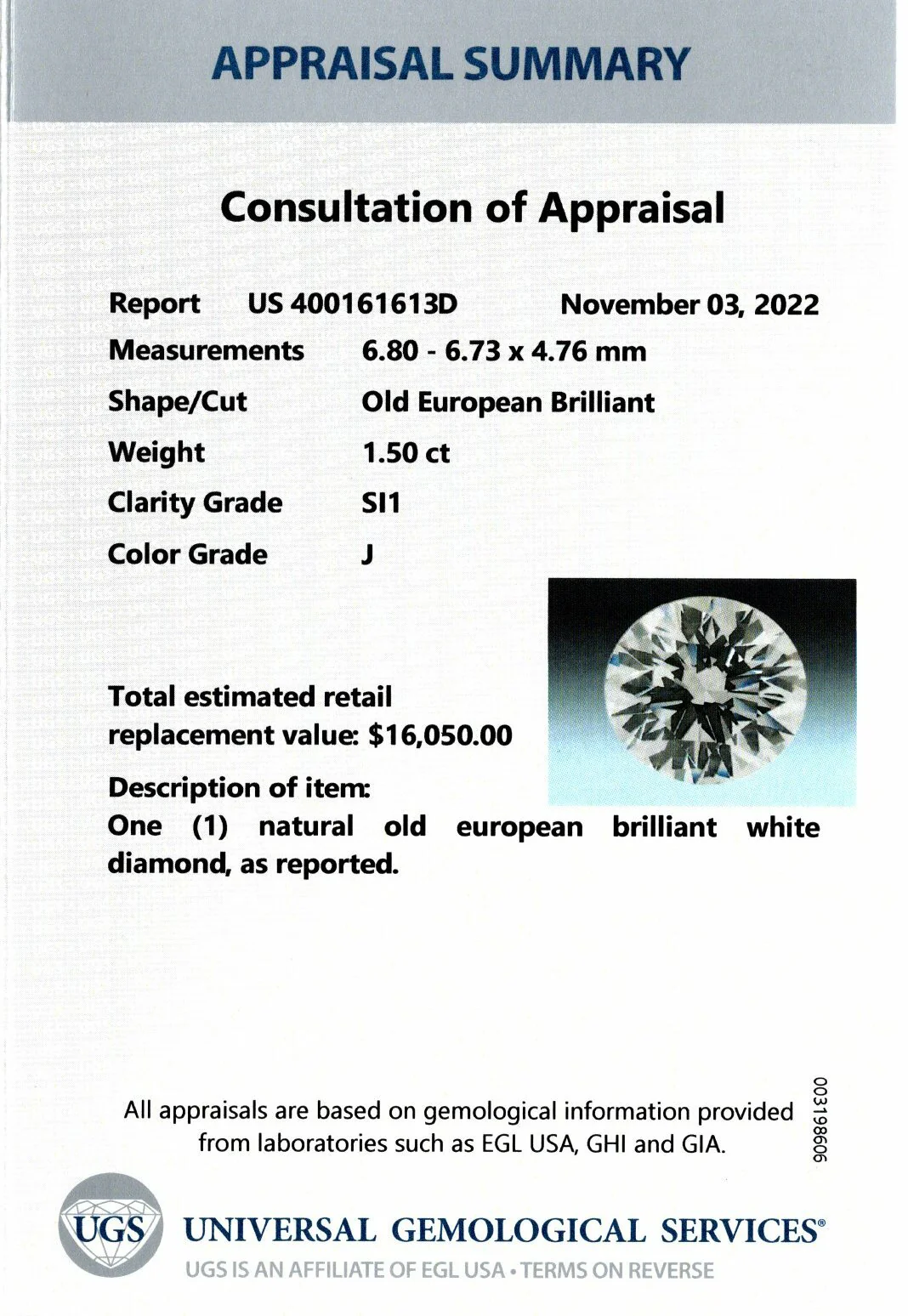 1.5 CARAT CERTIFIED J SI1 OLD EUROPEAN CUT DIAMOND VINTAGE LOOSE NATURAL MINE - Image 3