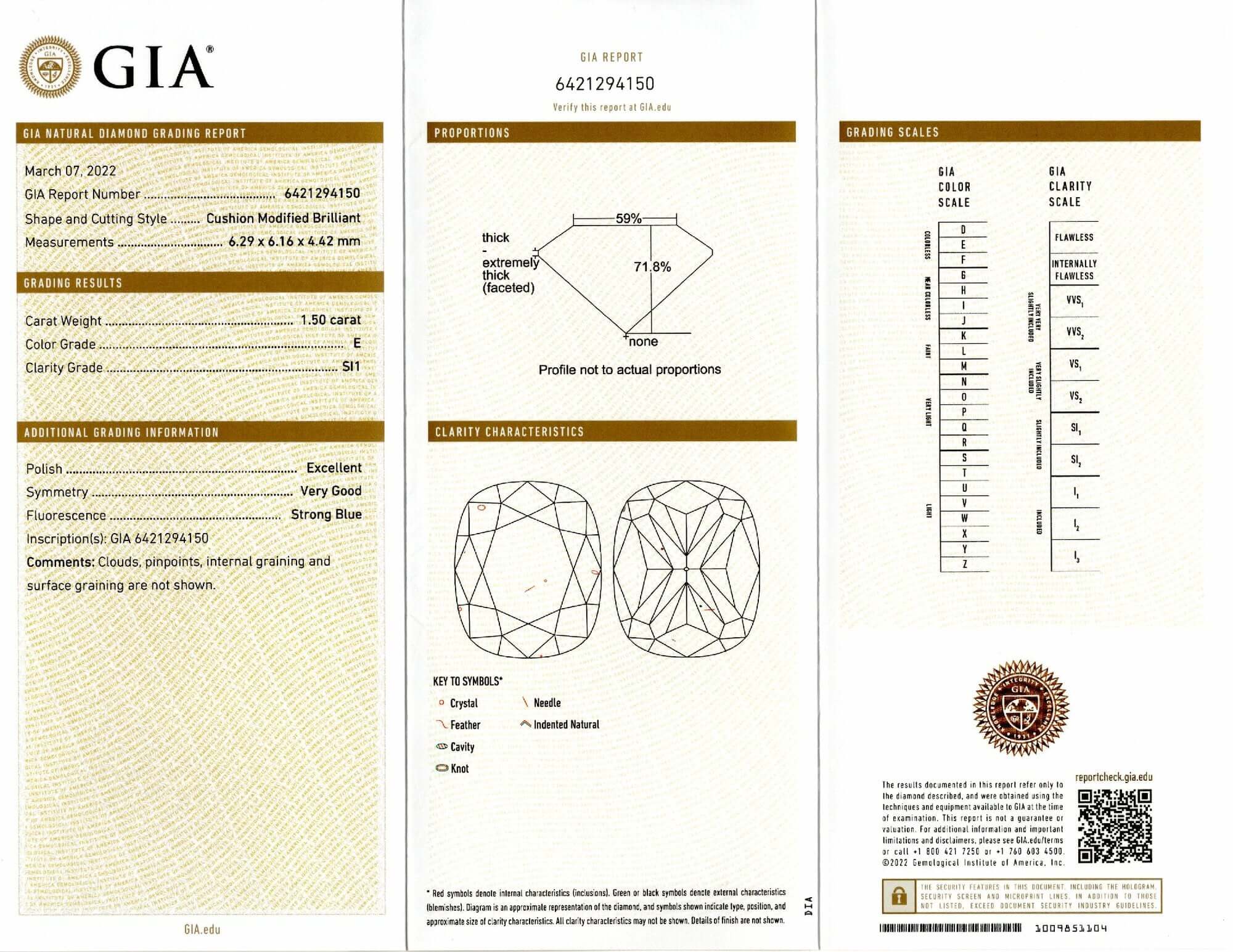 1.5 CARAT GIA CERTIFIED E SI1 CUSHION SHAPE CUT DIAMOND ENGAGEMENT LOOSE NATURAL - Image 2