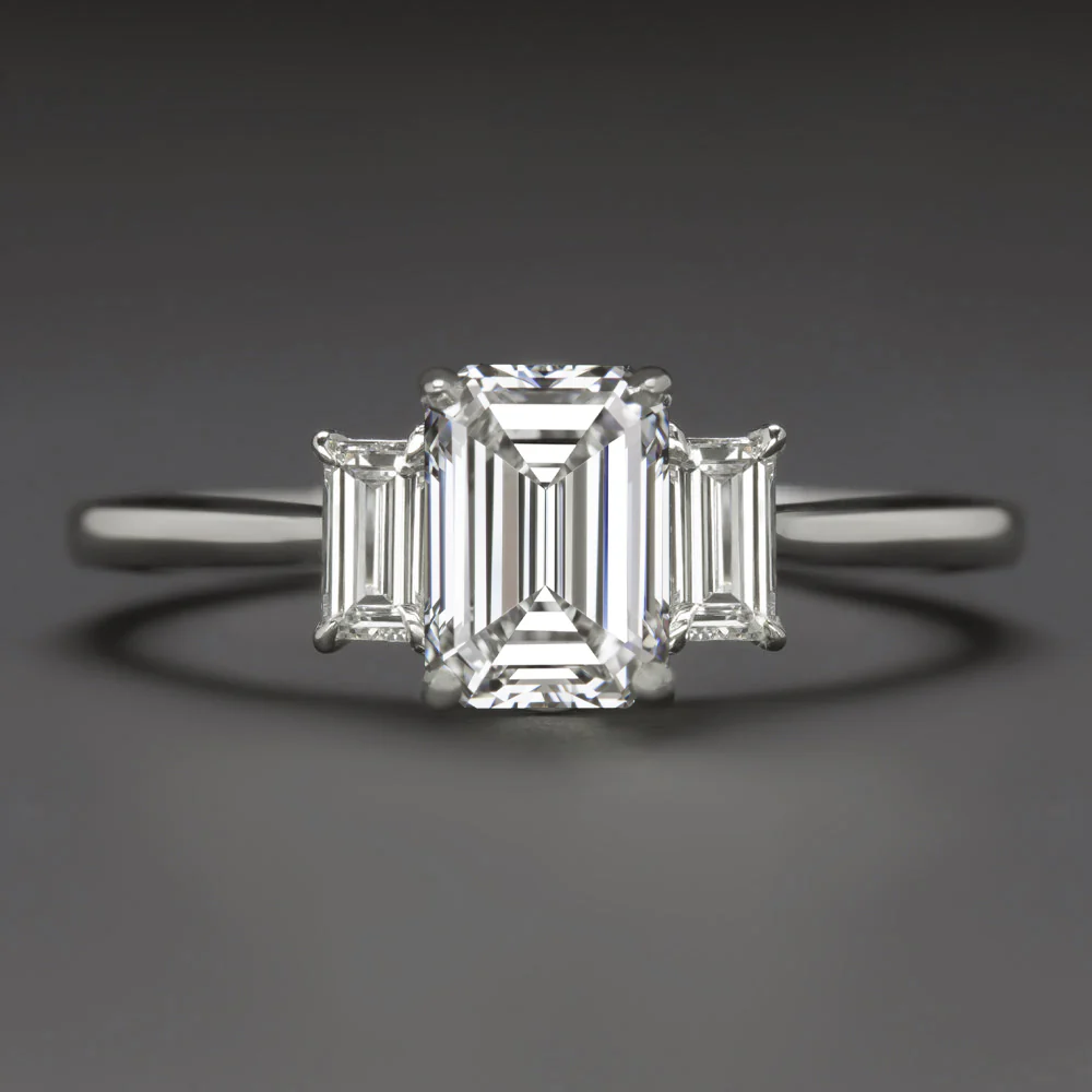 1.5 CARAT LAB CREATED DIAMOND ENGAGEMENT RING 3 STONE EMERALD CUT 14k WHITE GOLD