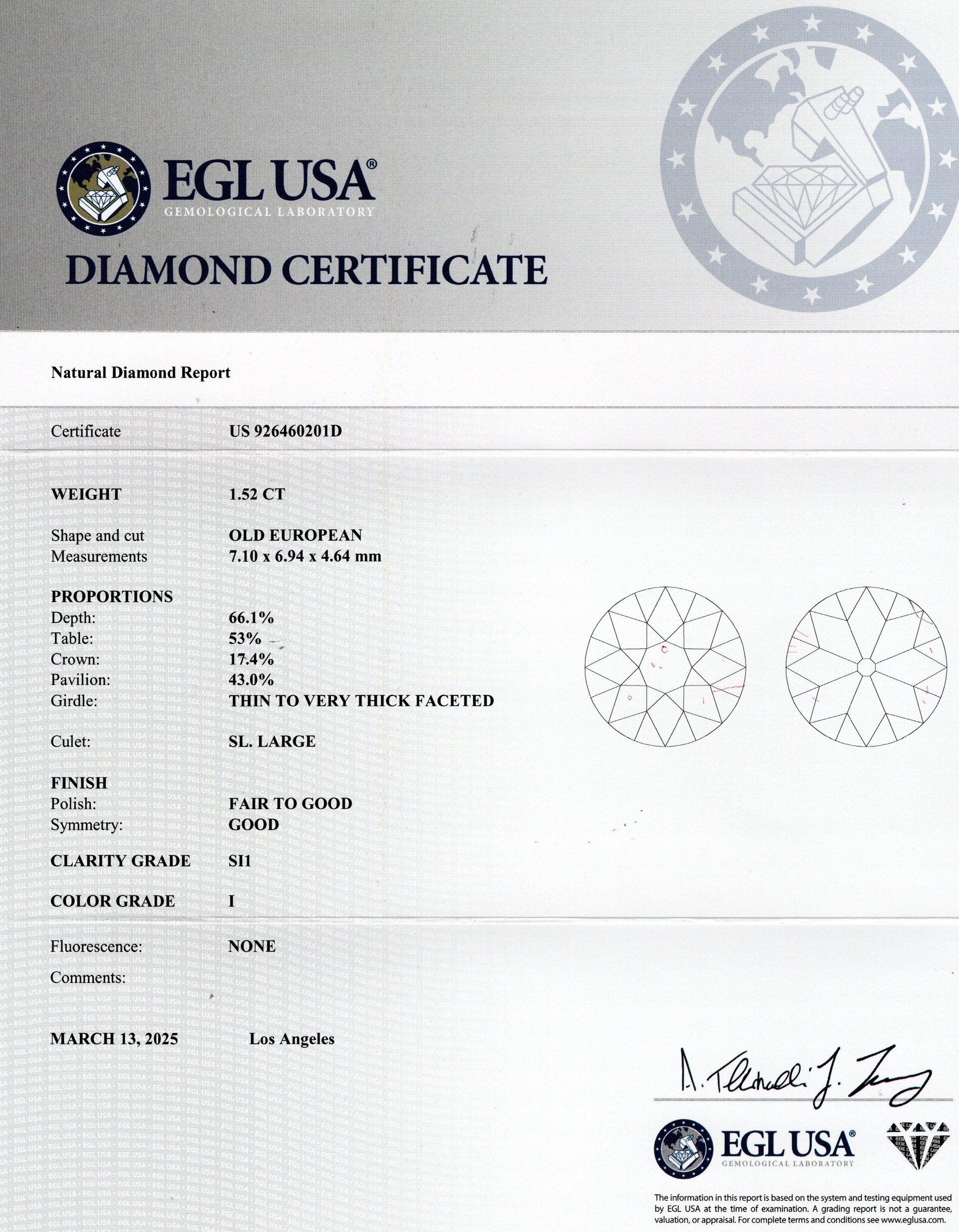 1.5 CARAT OLD EUROPEAN CUT DIAMOND CERTIFIED I SI1 VINTAGE LOOSE NATURAL ESTATE - Image 2