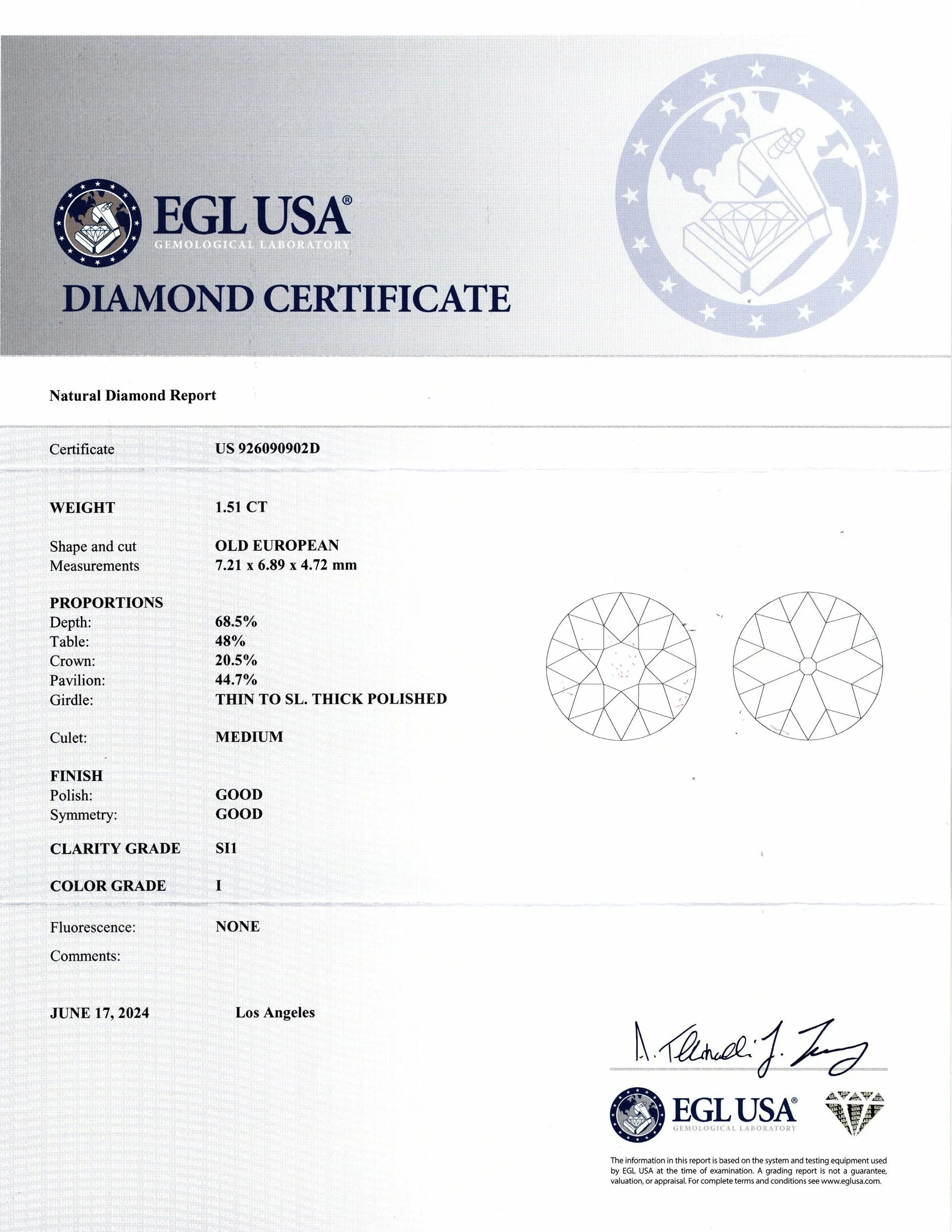 1.51ct OLD EUROPEAN CUT DIAMOND CERTIFIED I SI1 VINTAGE LOOSE NATURAL 1.5 CARAT - Image 2