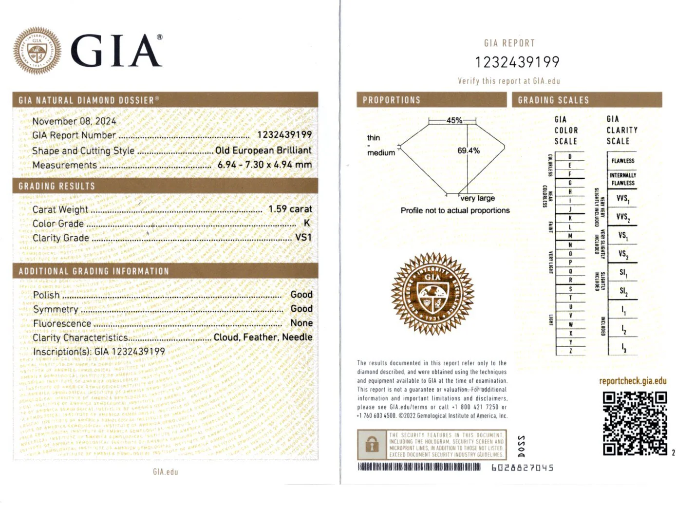 1.59ct OLD EUROPEAN CUT DIAMOND GIA CERTIFIED K VS1 LOOSE NATURAL VINTAGE ESTATE - Image 2