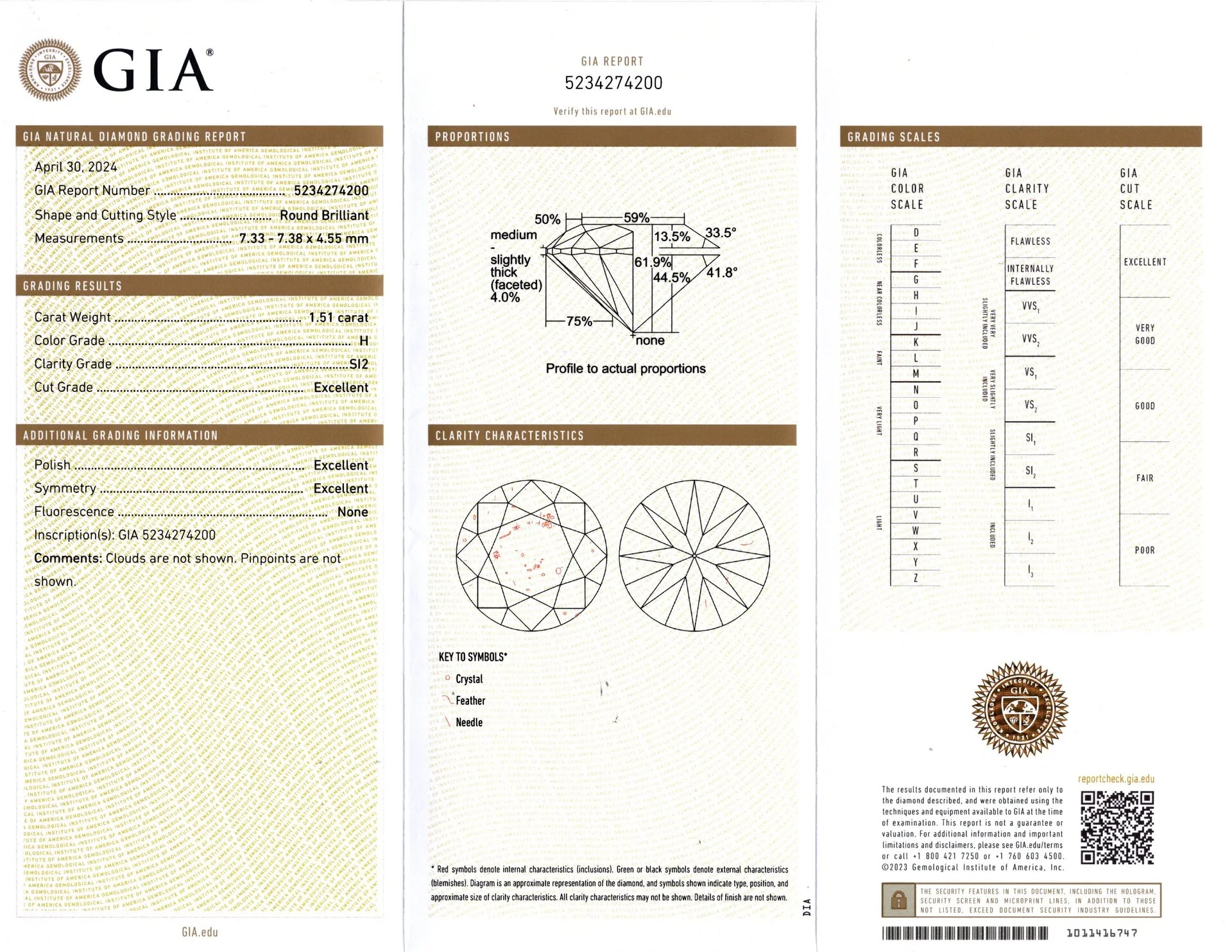 1.5ct GIA CERTIFIED DIAMOND 3x EXCELLENT ROUND BRILLIANT CUT H SI2 LOOSE NATURAL - Image 2
