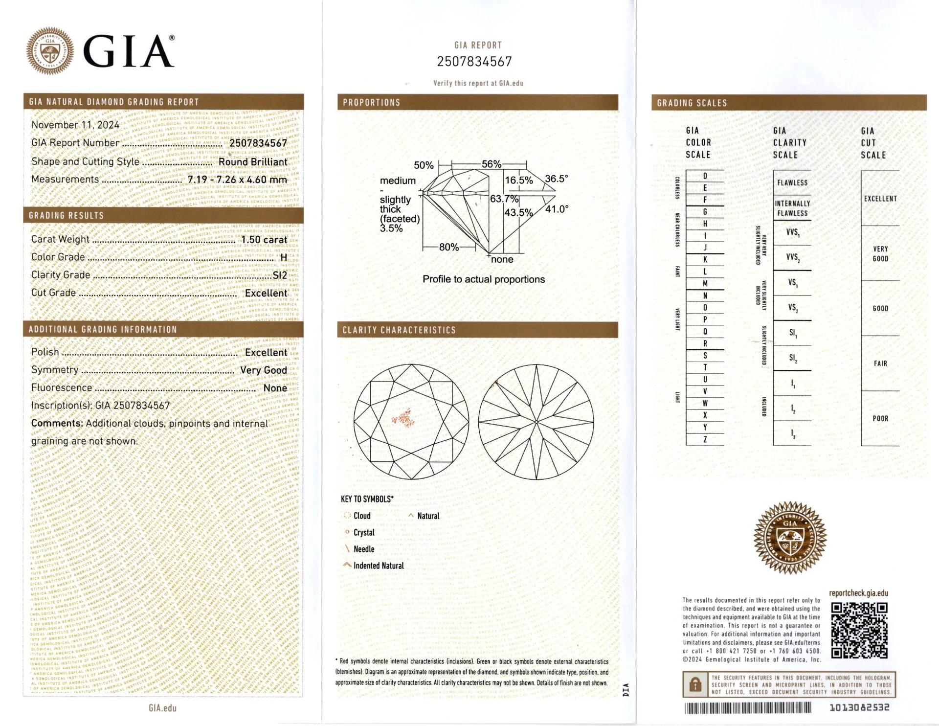 1.5ct GIA CERTIFIED DIAMOND EXCELLENT ROUND BRILLIANT CUT H SI2 LOOSE NATURAL - Image 2
