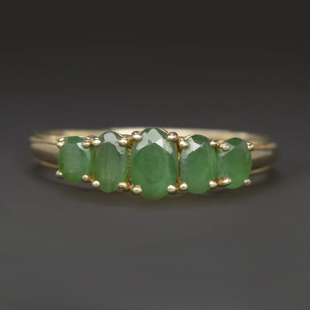 1.5ct NATURAL EMERALD RING OVAL SHAPE 5 STONE 14k YELLOW GOLD COCKTAIL BAND