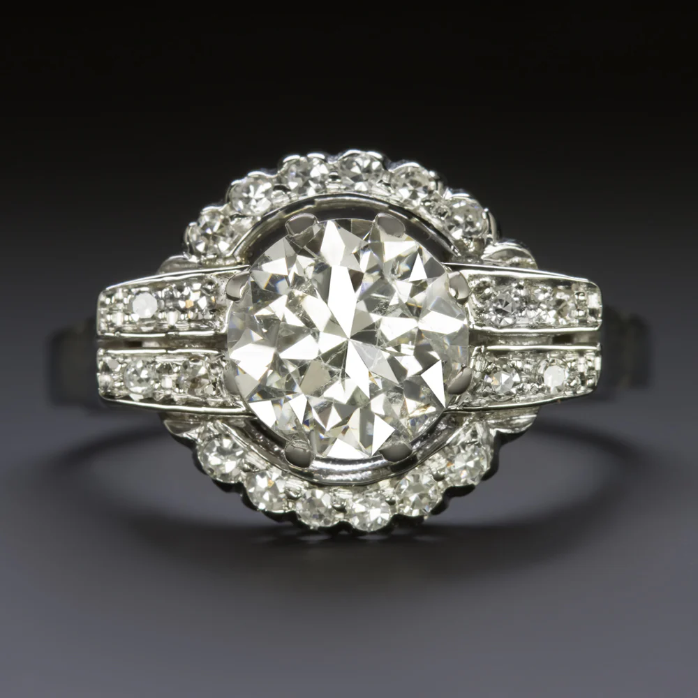 1.66ct OLD EUROPEAN CUT DIAMOND VINTAGE COCKTAIL RING 18k WHITE GOLD HALO ESTATE