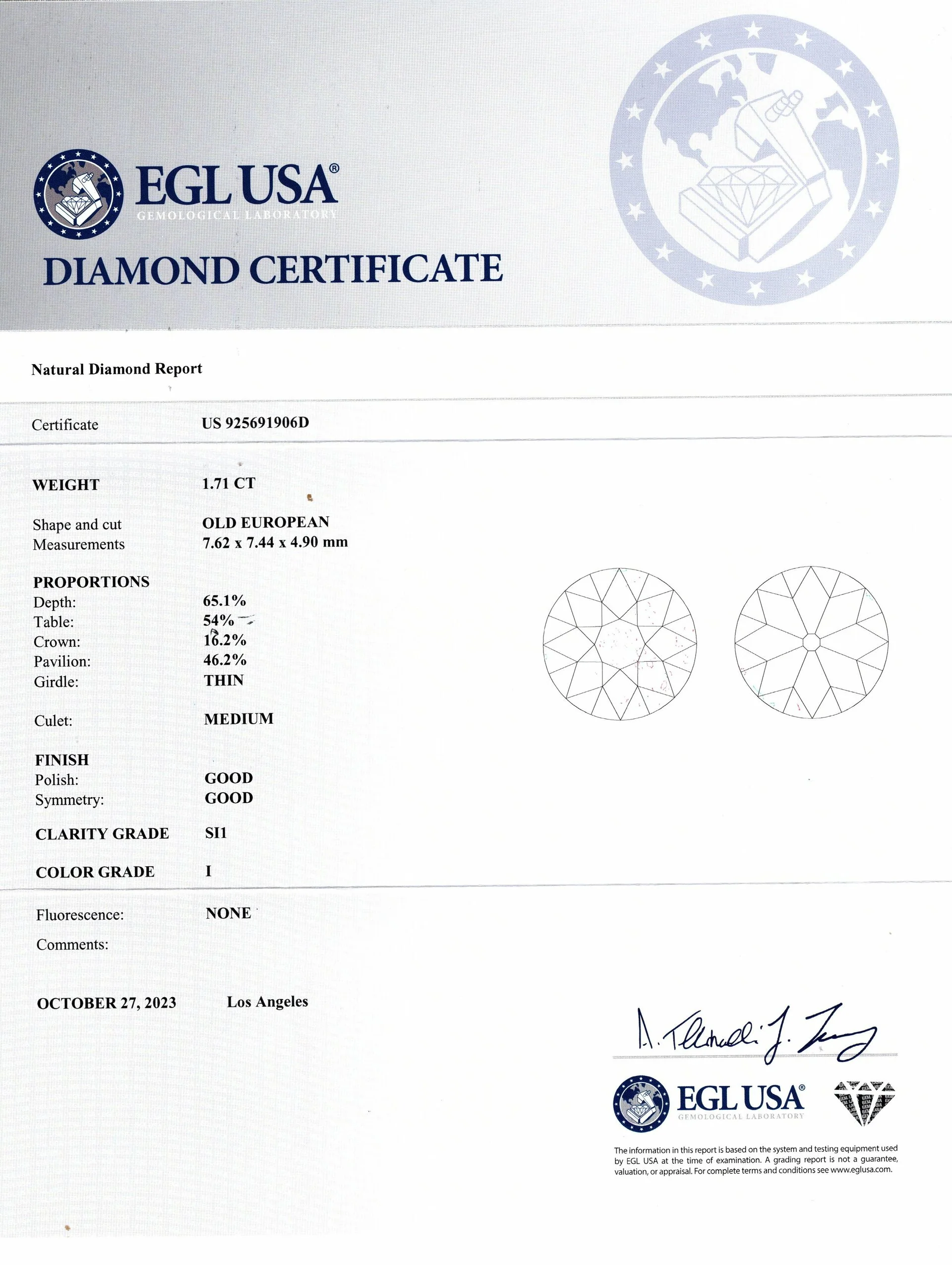 1.71ct OLD EUROPEAN CUT DIAMOND CERTIFIED I SI1 VINTAGE NATURAL LOOSE ESTATE - Image 2