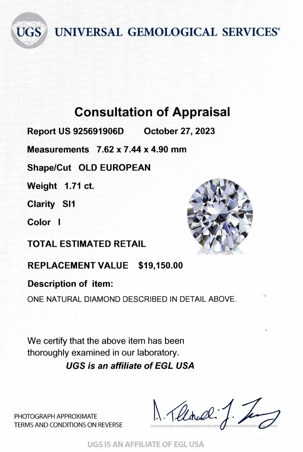 1.71ct OLD EUROPEAN CUT DIAMOND CERTIFIED I SI1 VINTAGE NATURAL LOOSE ESTATE - Image 3