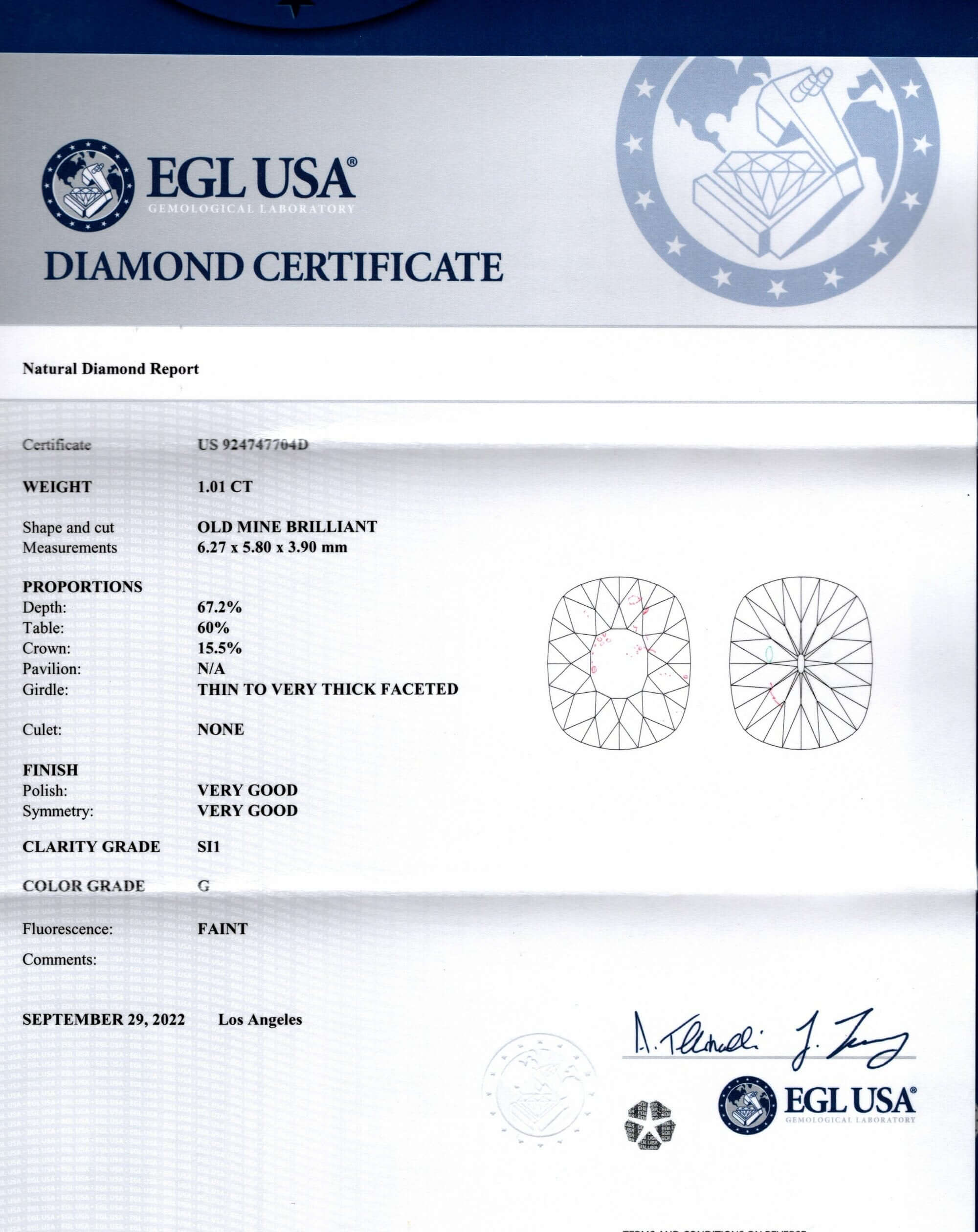 1 CARAT CERTIFIED G SI1 CUSHION BRILLIANT CUT DIAMOND LOOSE NATURAL MINE 1ct - Image 2