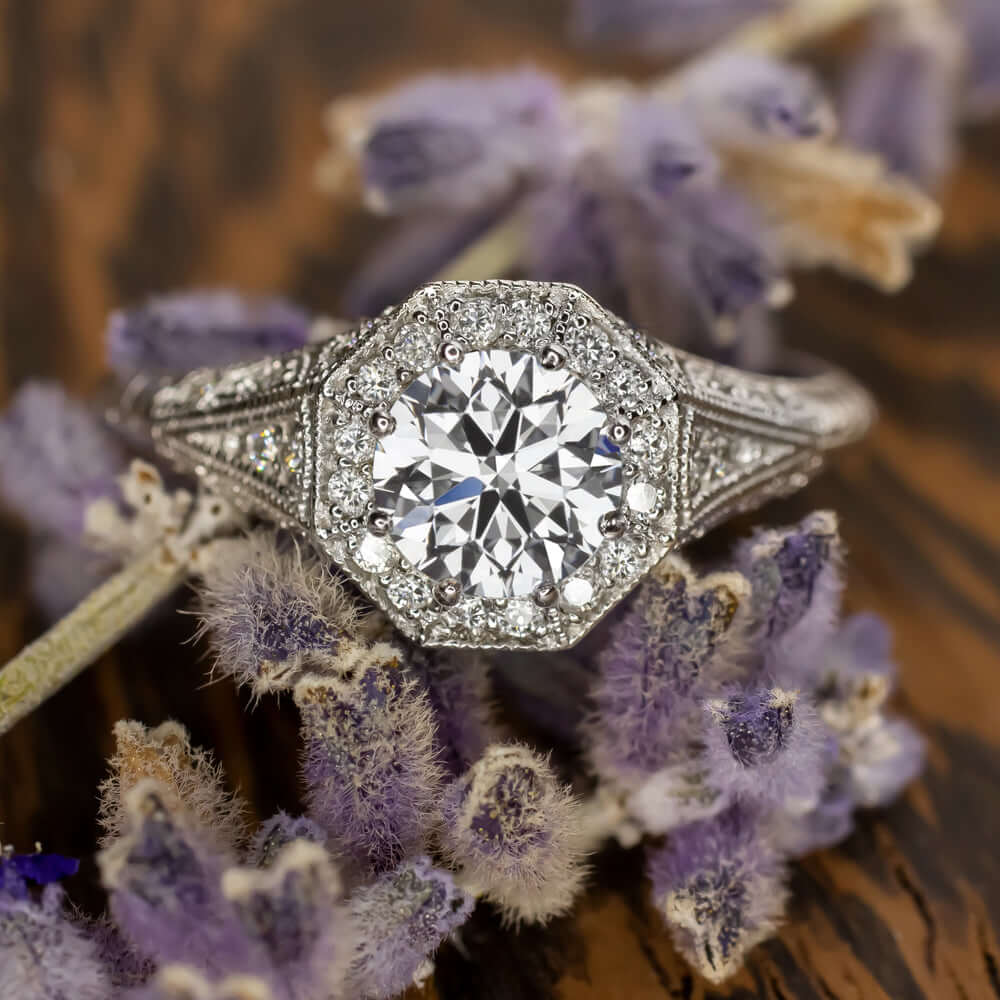 1 CARAT LAB CREATED DIAMOND ENGAGEMENT RING VINTAGE STYLE HALO IDEAL ROUND CUT - Image 5