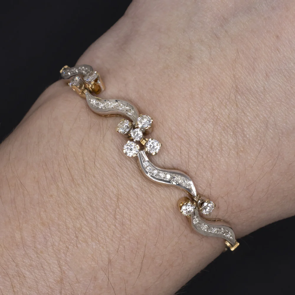 1 CARAT VINTAGE DIAMOND BRACELET 14gm 14K GOLD MID CENTURY CLUSTER SWIRL ESTATE