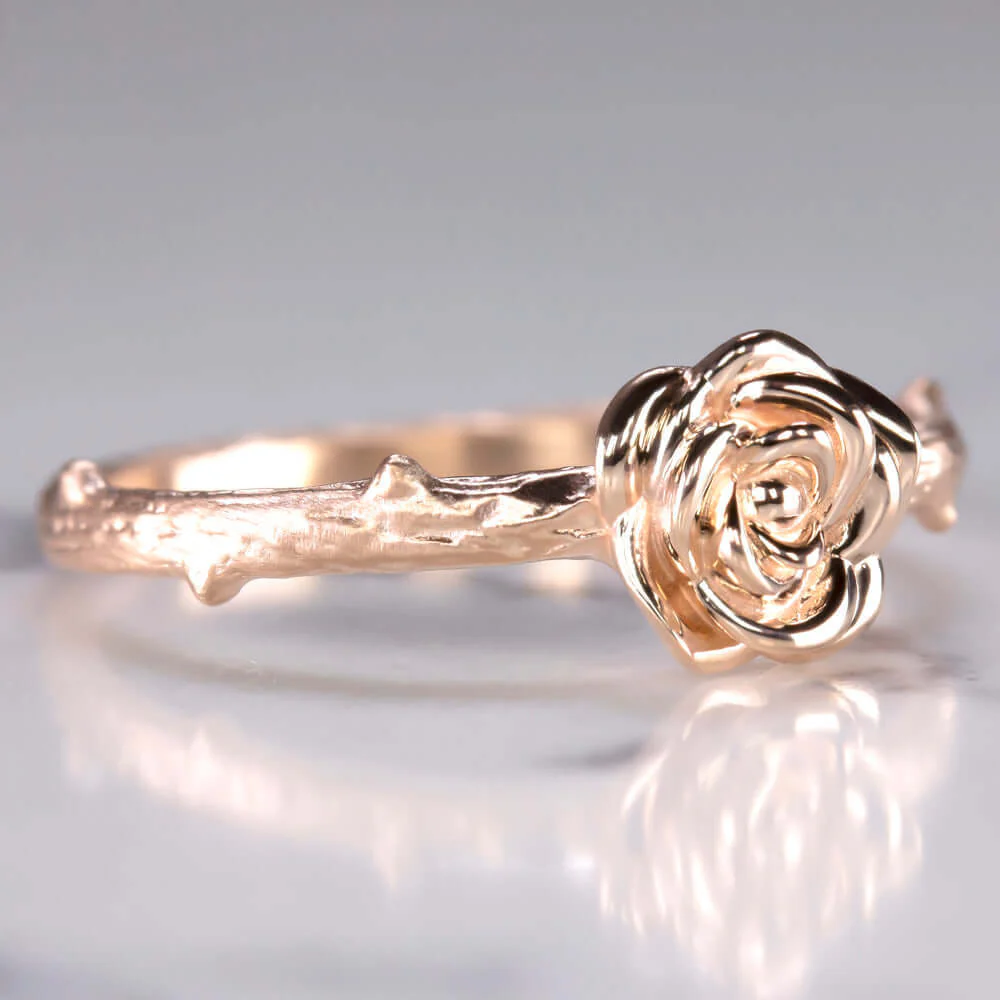 10k ROSE GOLD ROSE BLOSSOM RING FLOWER SOLITAIRE FLORAL BOTANICAL BRANCH VINE - Image 2
