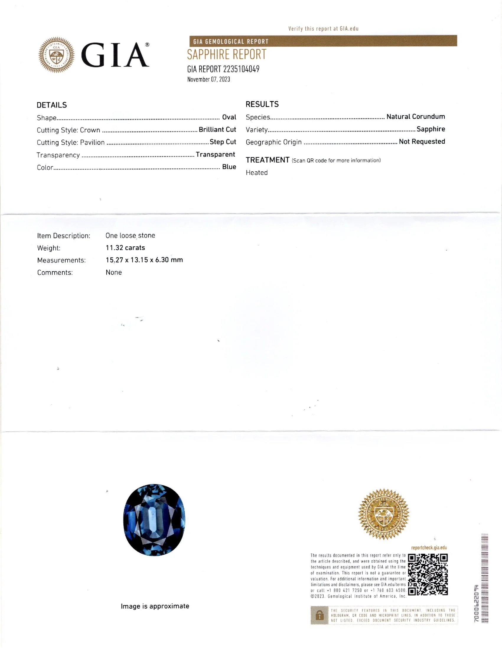 11.32ct GIA CERTIFIED SAPPHIRE 15.3x13.2mm OVAL SHAPE LOOSE NATURAL GEMSTONE - Image 3