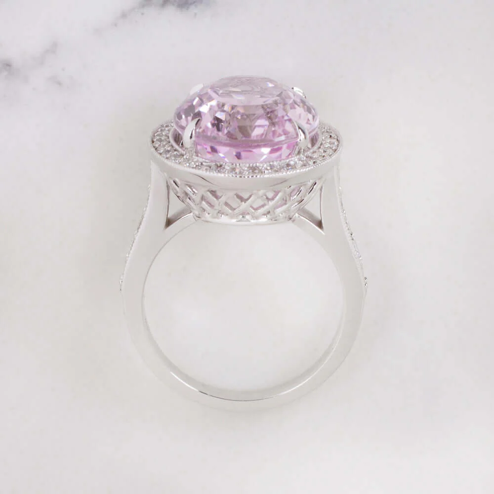 11.8ct KUNZITE DIAMOND COCKTAIL RING NATURAL BIG STATEMENT WHITE GOLD OVAL BIG - Image 3