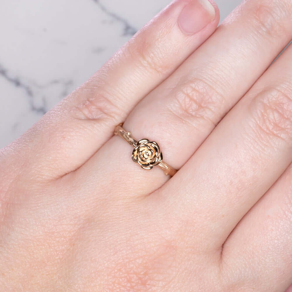 14k ROSE GOLD ROSE BLOSSOM RING FLOWER SOLITAIRE FLORAL BOTANICAL BRANCH VINE - Image 4