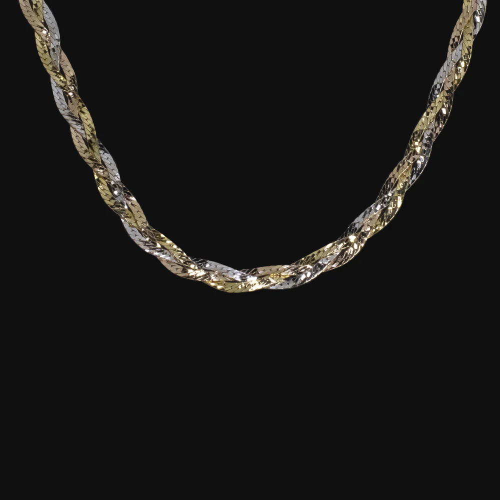 14k TRI TONE GOLD BRAIDED CHAIN NECKLACE 16in YELLOW WHITE ROSE MENS LADIES