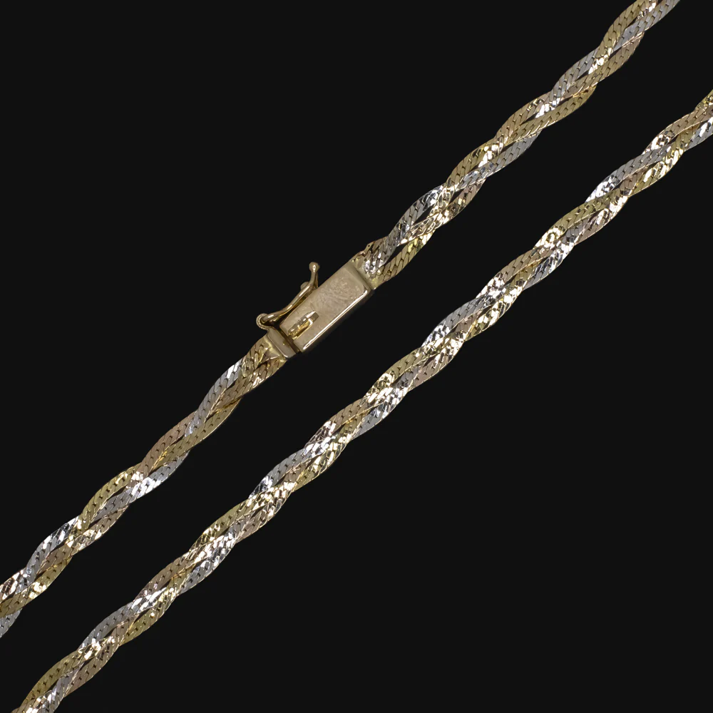14k TRI TONE GOLD BRAIDED CHAIN NECKLACE 16in YELLOW WHITE ROSE MENS LADIES - Image 2