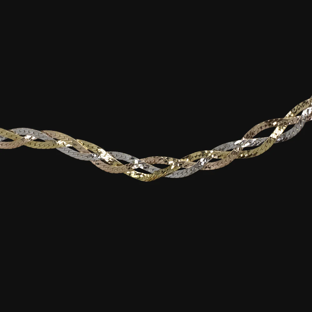 14k TRI TONE GOLD BRAIDED CHAIN NECKLACE 16in YELLOW WHITE ROSE MENS LADIES - Image 3