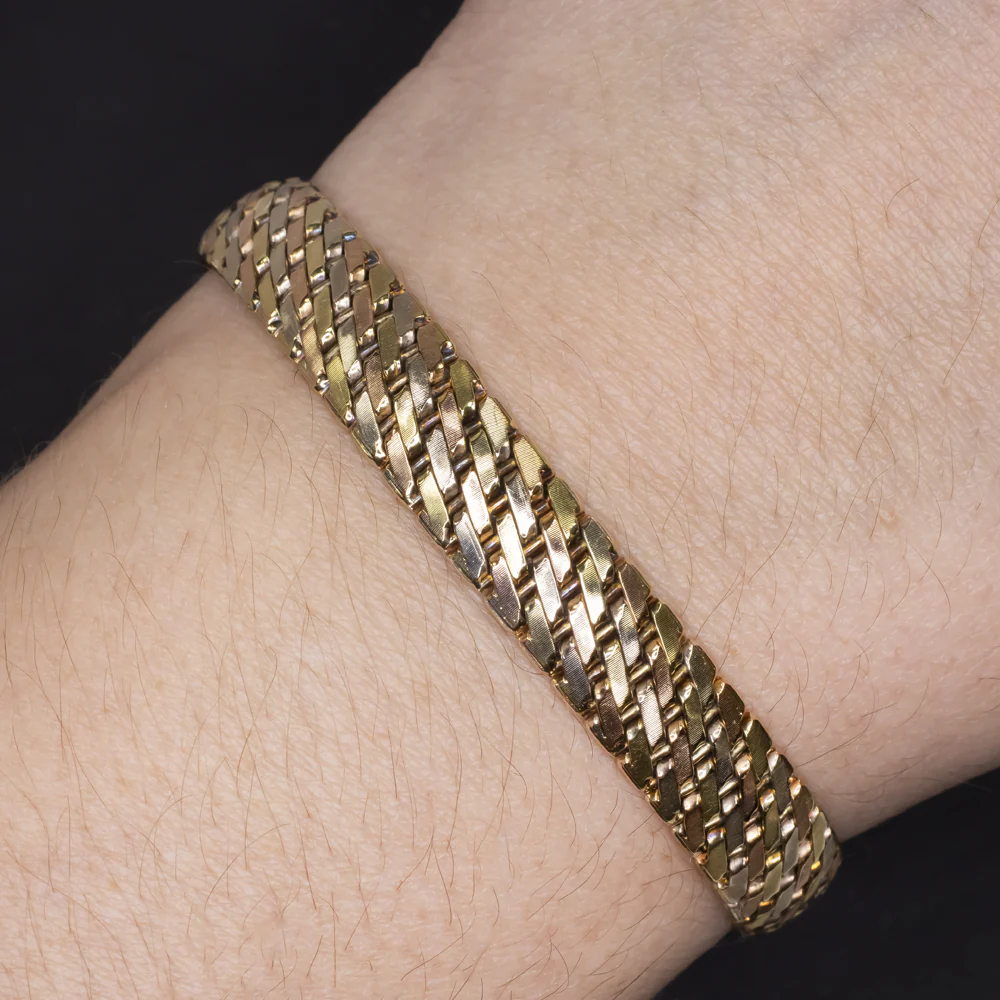 14k TRI TONE GOLD CHAIN BRACELET WIDE LINK YELLOW WHITE ROSE MENS LADIES SOLID - Image 2