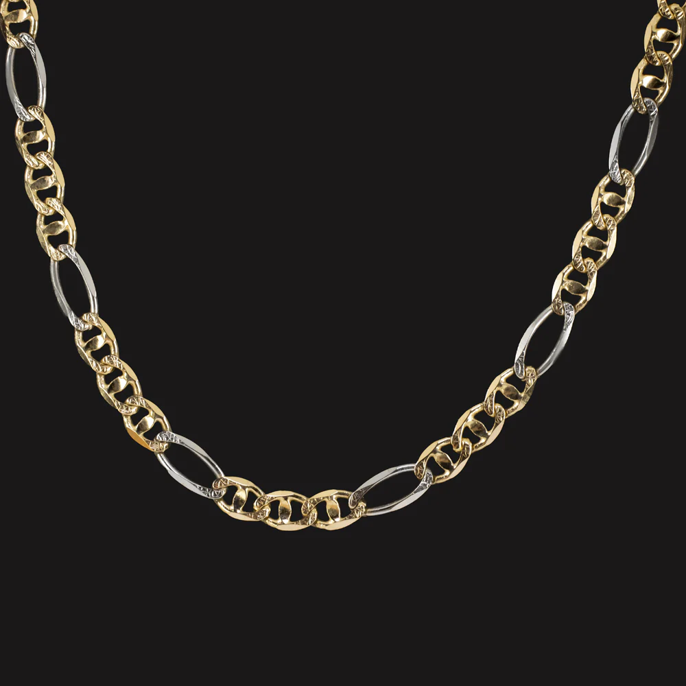 14k TWO TONE GOLD CHAIN NECKLACE 13.9gm 22 INCH MARINER FIGARO LINK WHITE YELLOW