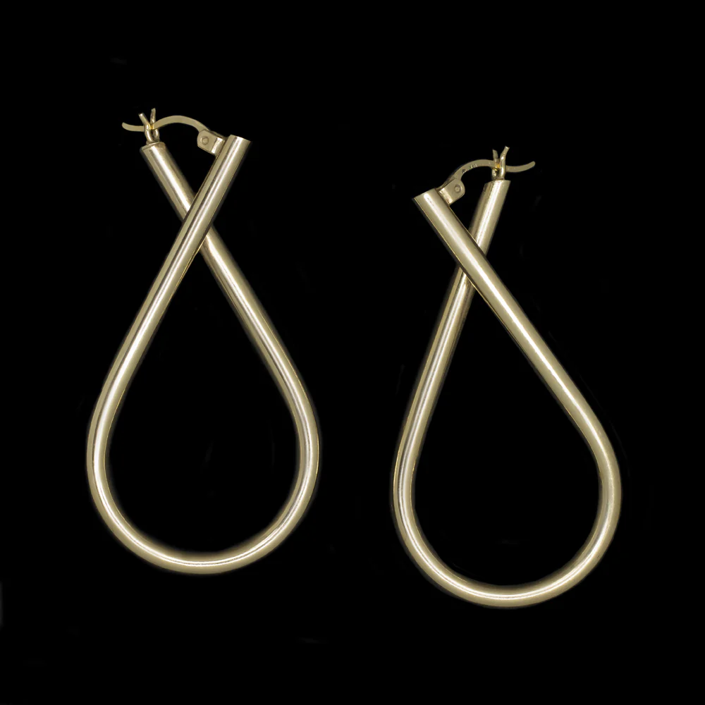 14k YELLOW GOLD CRISS CROSS HOOP EARRINGS 2 INCH TEARDROP TWIST MINIMALIST GIFT - Image 2