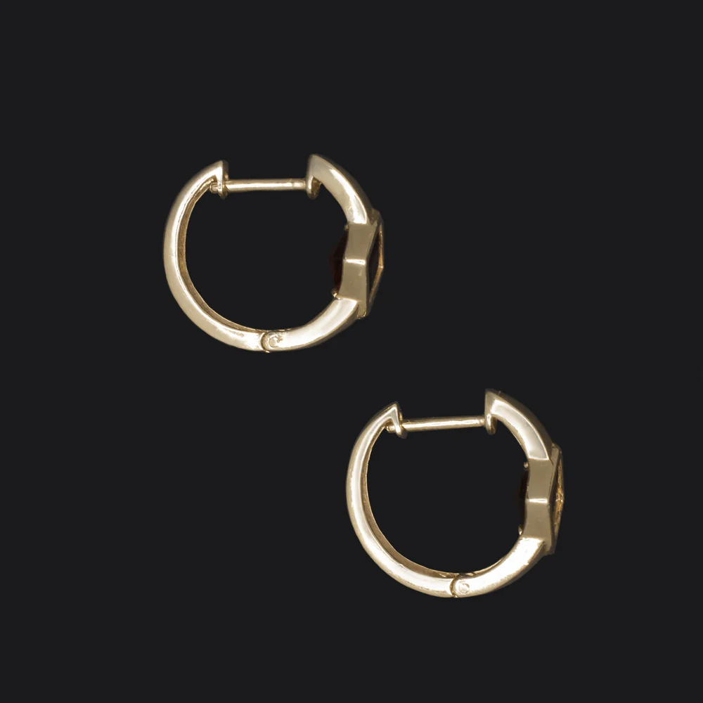 14K YELLOW GOLD GARNET SMALL HOOP EARRINGS MINIMALIST CLASSIC HUGGIE EVERYDAY - Image 2