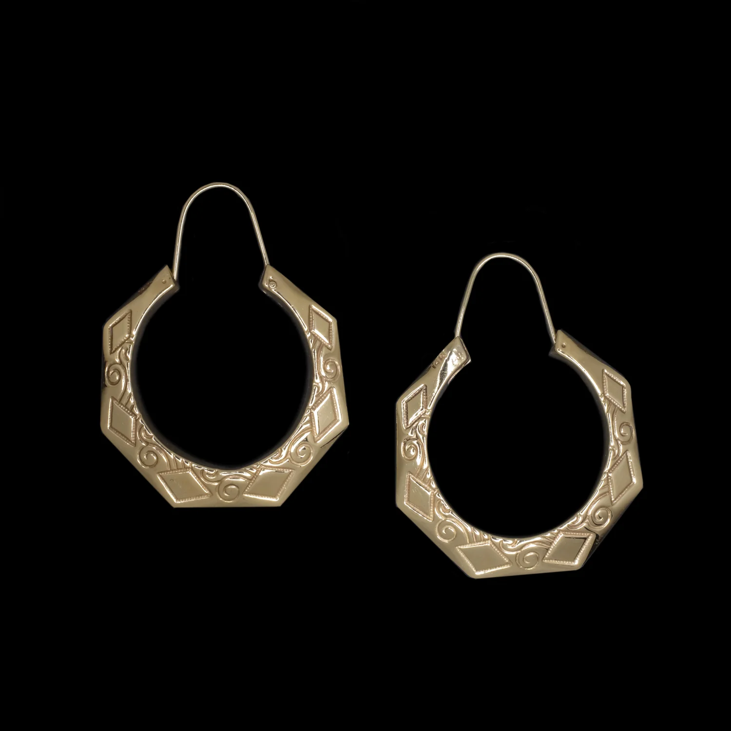 14K YELLOW GOLD HOOP EARRINGS FACETED ENGRAVED SIMPLE CLASSIC EVERYDAY BIG - Image 2