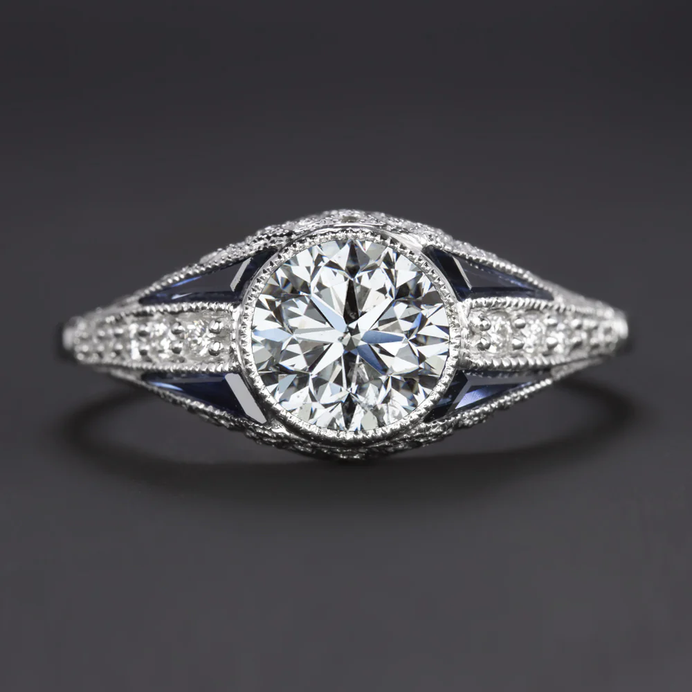 1ct DIAMOND SAPPHIRE ENGAGEMENT RING GIA CERTIFIED VINTAGE STYLE ART DECO ROUND