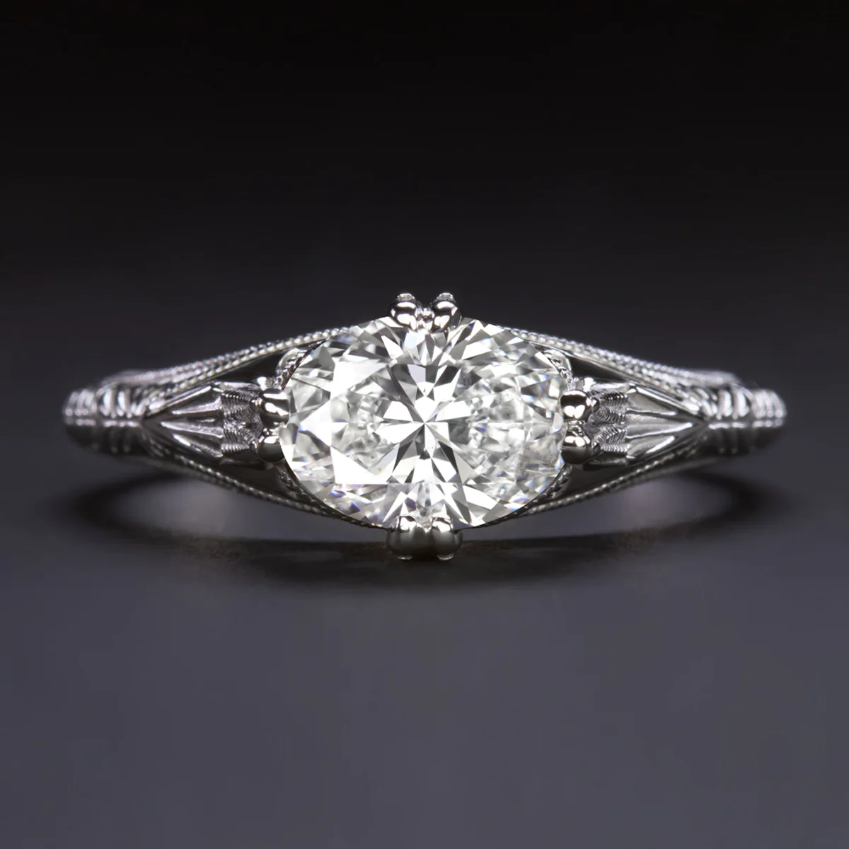 1ct GIA CERTIFIED DIAMOND ENGAGEMENT RING OVAL VINTAGE STYLE EAST WEST SOLITAIRE