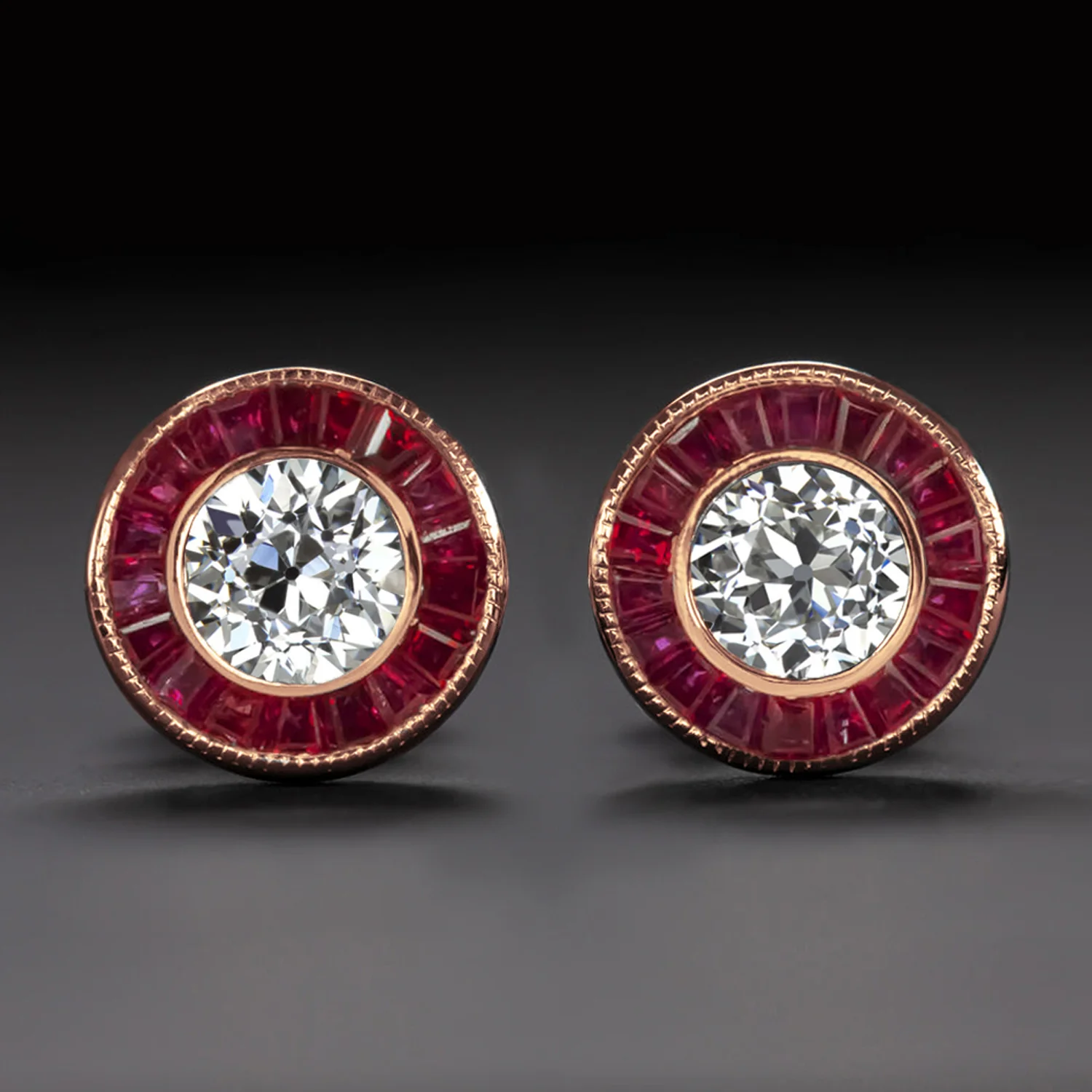 1ct GIA CERTIFIED DIAMOND RUBY STUD EARRINGS ART DECO VINTAGE STYLE ROUND HALO