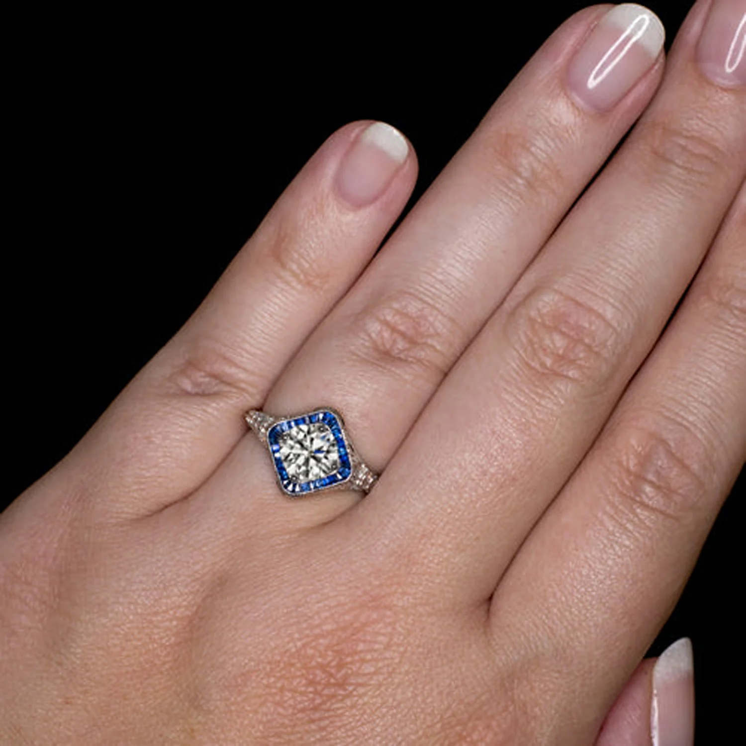 1ct GIA CERTIFIED DIAMOND SAPPHIRE ENGAGMENT RING VINTAGE STYLE 14k WHITE GOLD - Image 2